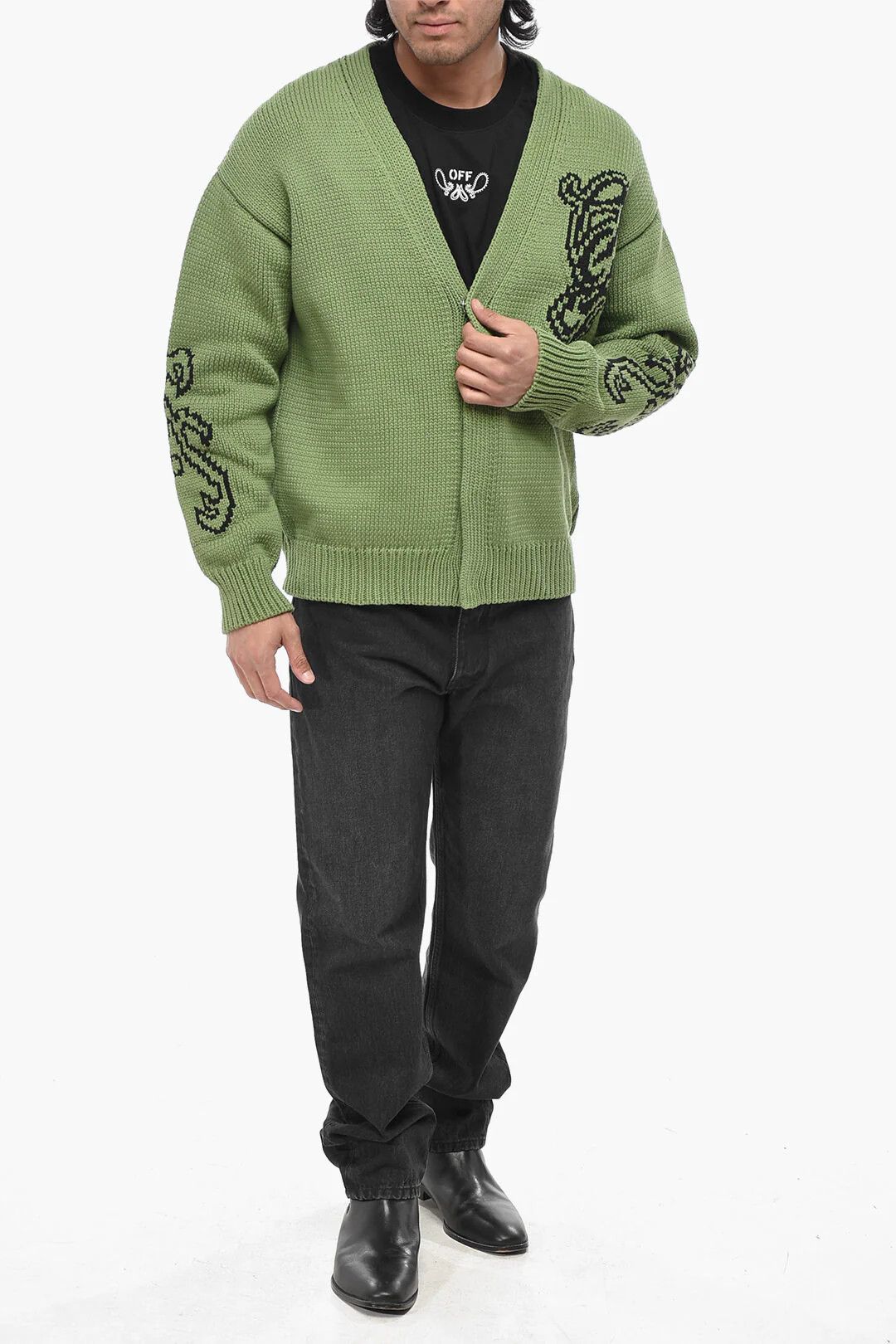 Off-White og1mm0526 Cotton-Blend Jacquard Logo Cardigan in Green/Black Size US S / EU 44-46 / 1 - 4 Thumbnail