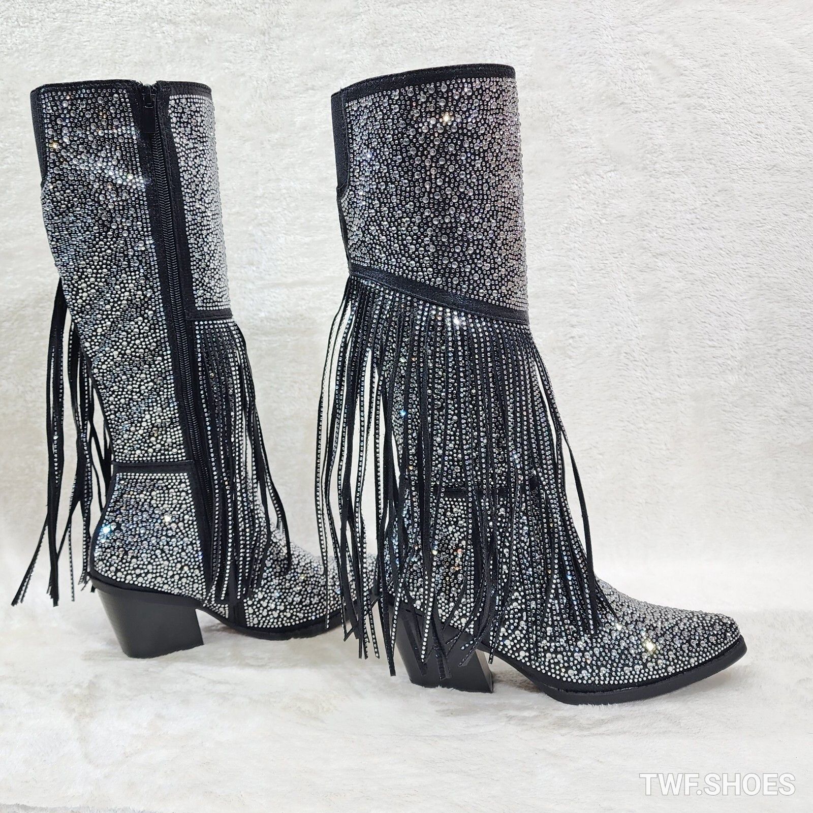 Other Western Diva Black Asymmetrical Fringe Rhinestone Glam Cowgi Size US 10 / IT 40 - 1 Thumbnail