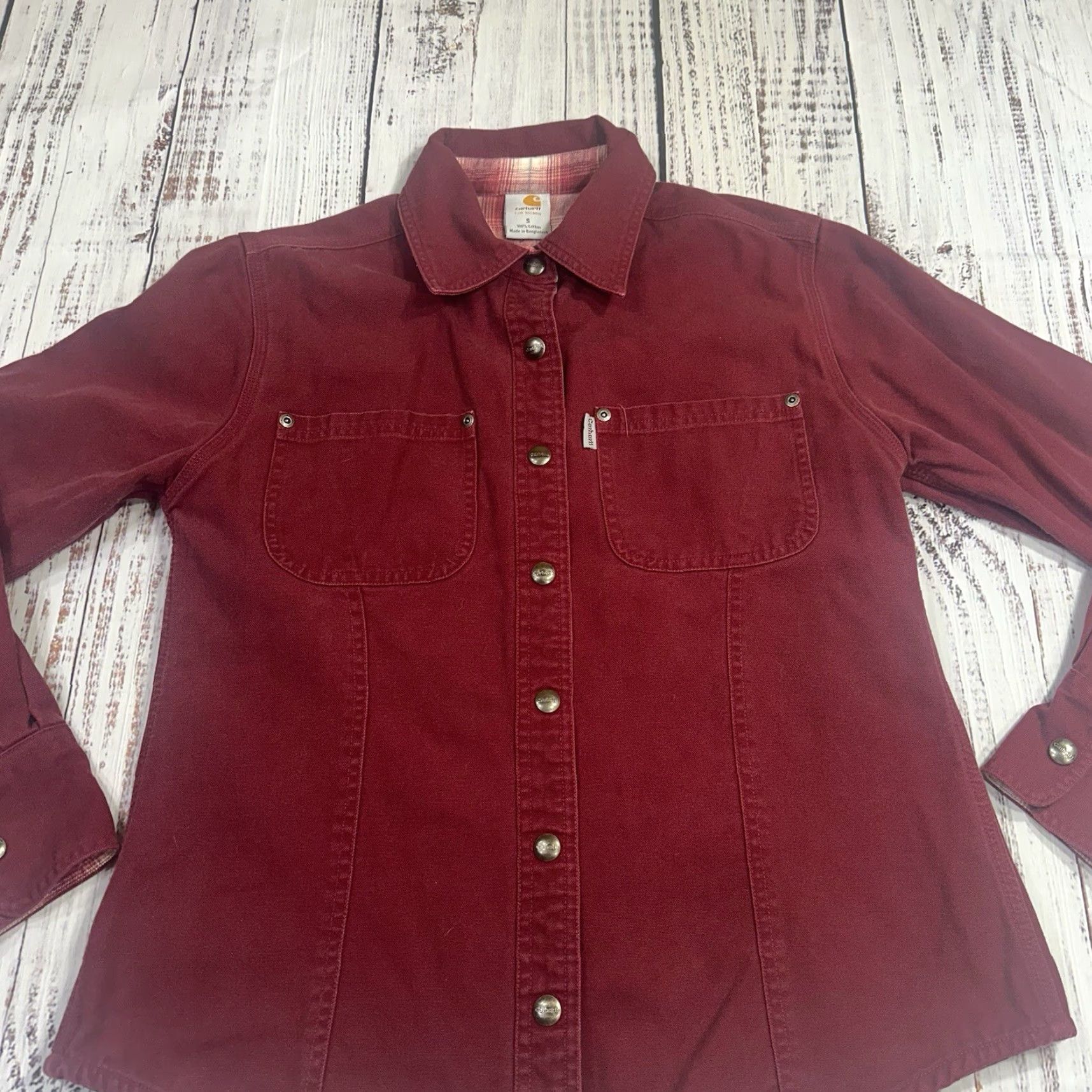 Carhartt Carhartt Women Dark Red Canvas Snap Up Shirt WS006DKR Small Lined Flannel Long Sleeve Button-Up Size S / US 4 / IT 40 - 3 Thumbnail