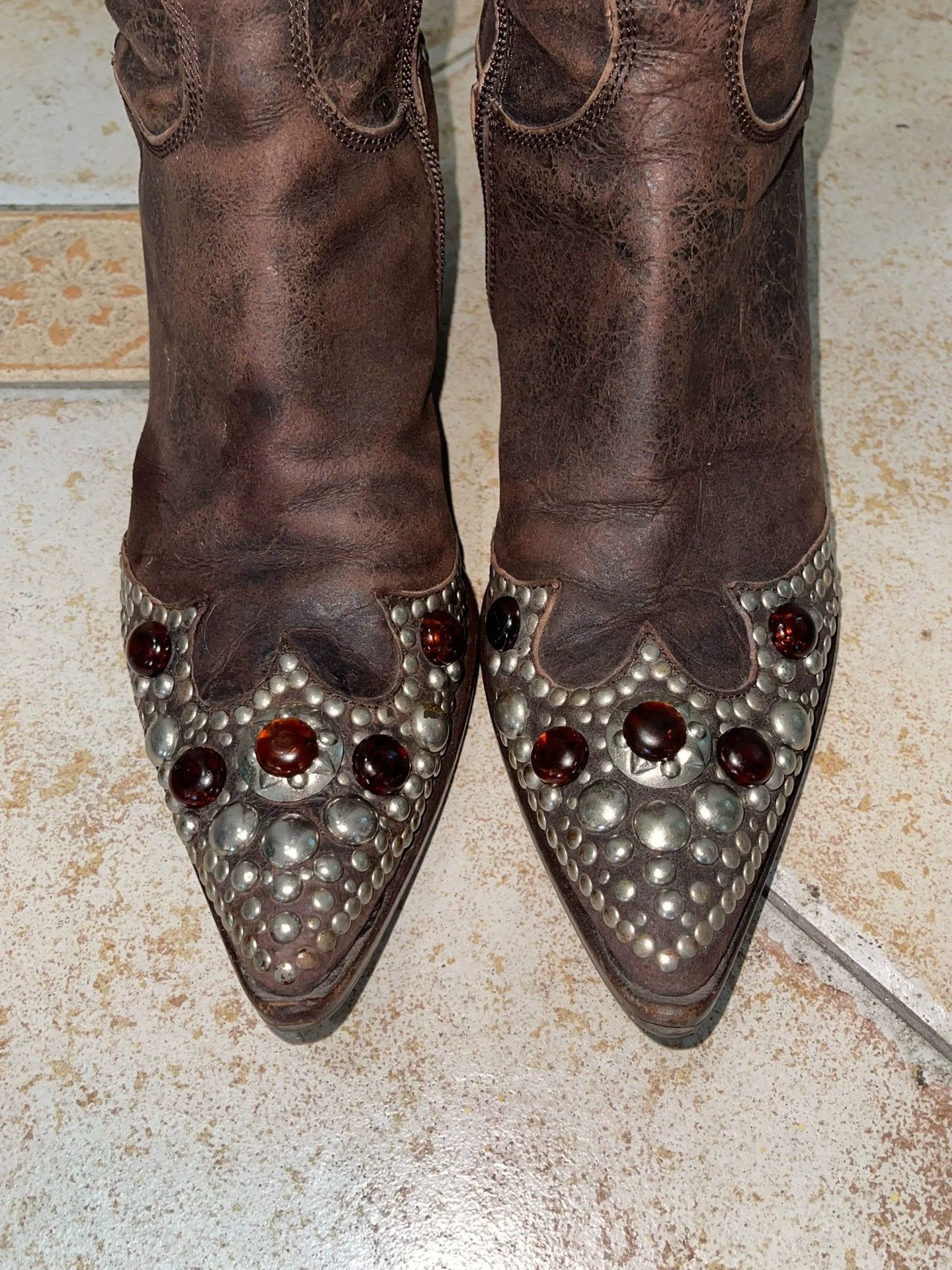 Other Vtg Italian Gem-Studded Cracked Leather PointedToeBoots Size US 7.5 / IT 37.5 - 2 Thumbnail