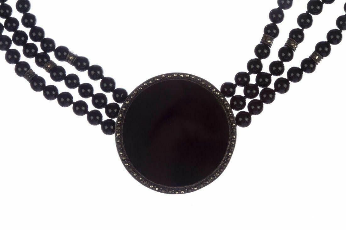 Designer Sterling Silver Onyx Bead and Marcasite Necklace Size ONE SIZE - 1 Thumbnail