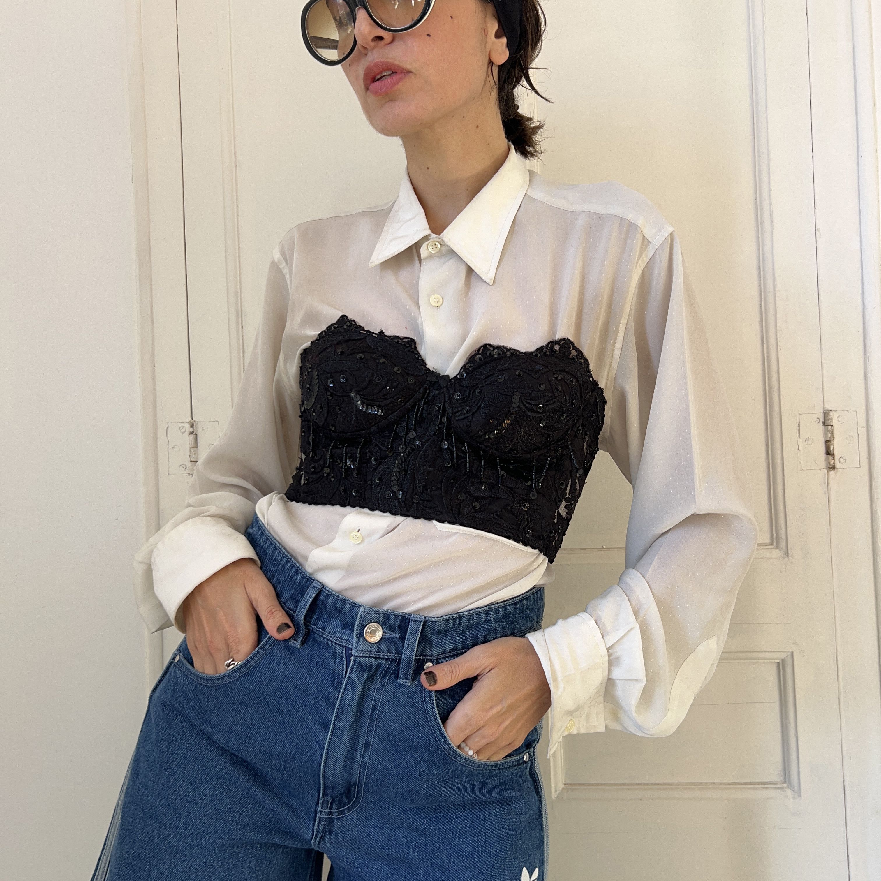 Vintage Vintage 90s Black Lace Bustier Top Size M / US 6-8 / IT 42-44 - 1 Thumbnail