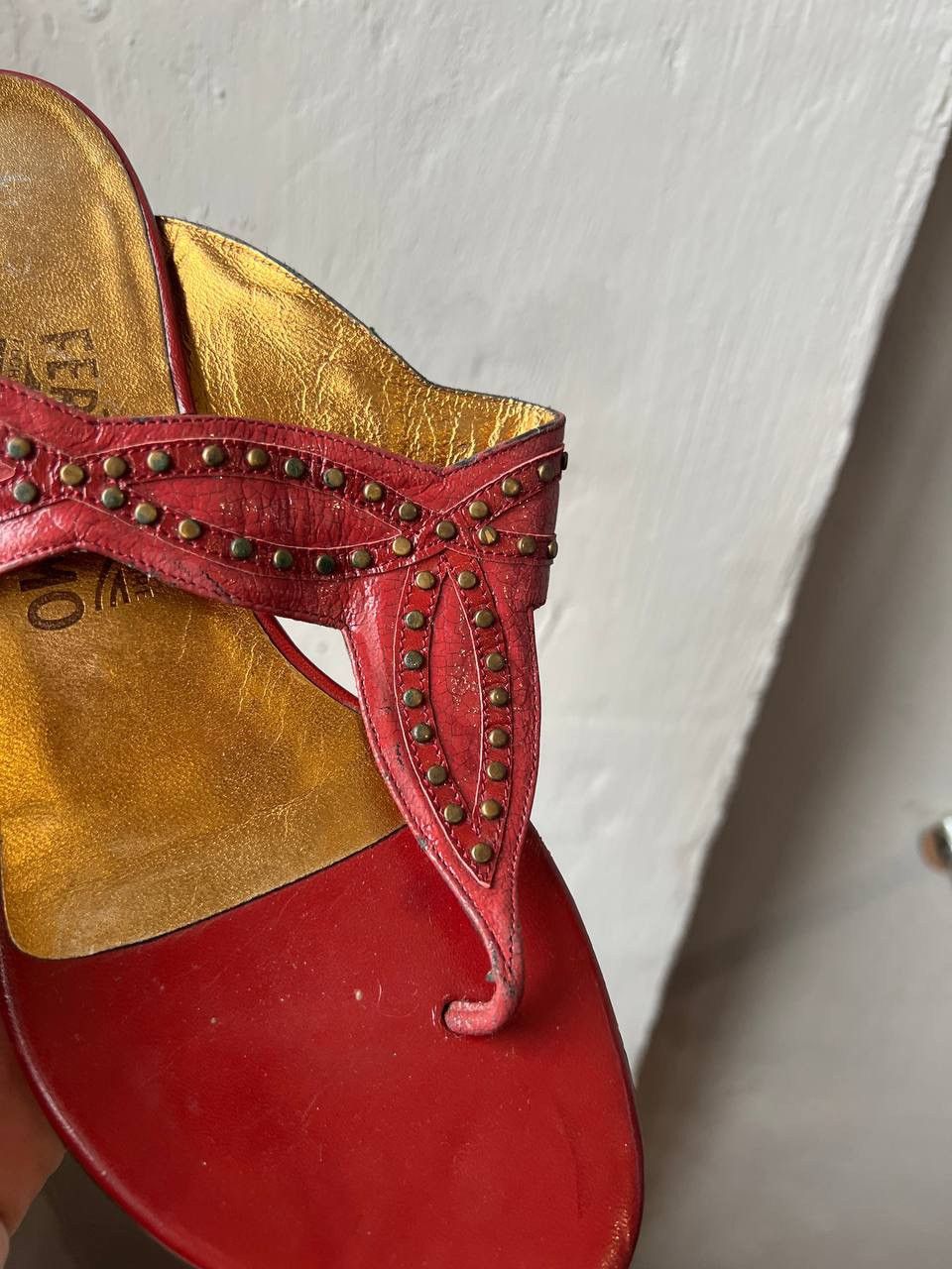 Salvatore Ferragamo SALVATORE FERRAGAMO RED GOLD LEATHER PATERN SLIDE SANDALS 38 Size US 8 / IT 38 - 7 Thumbnail
