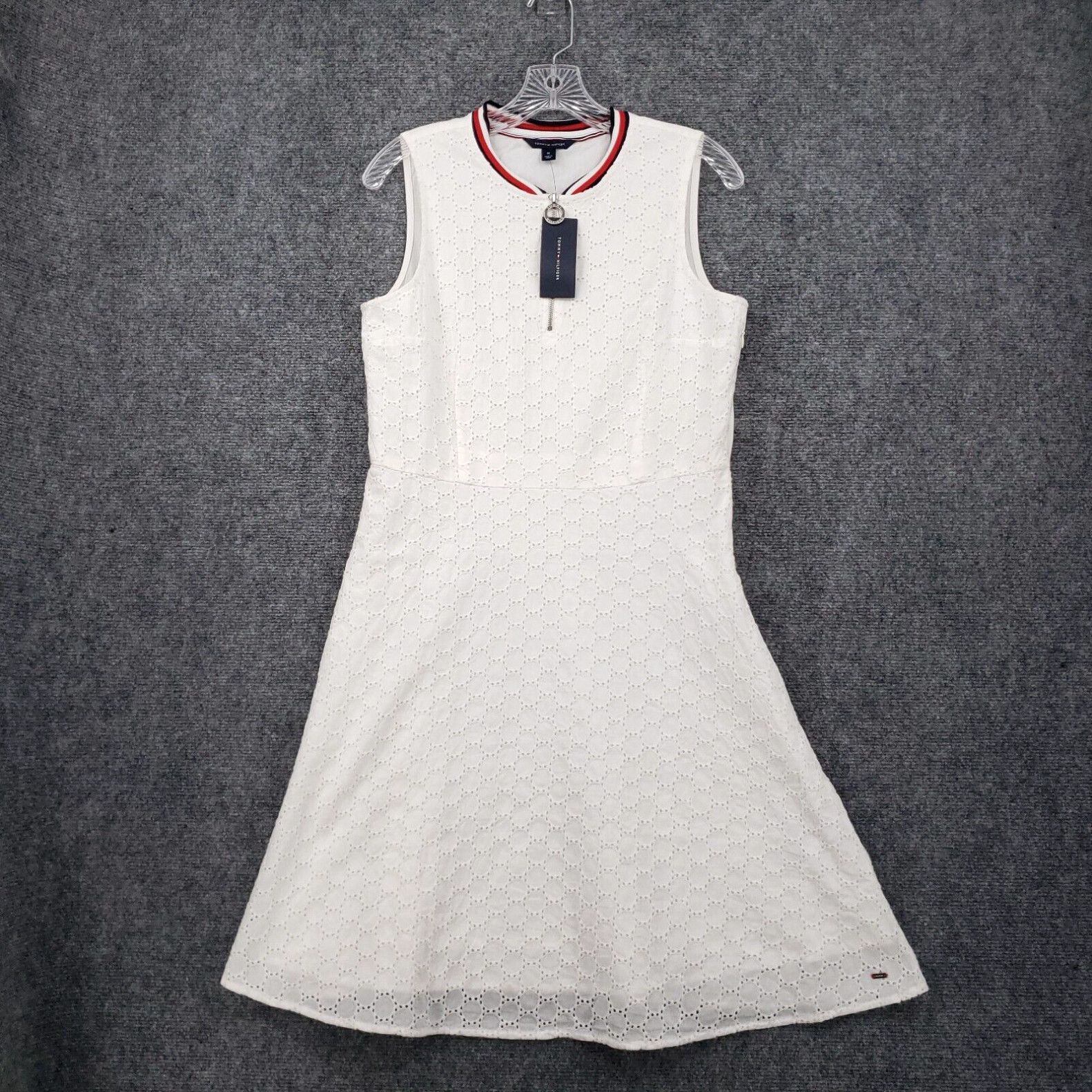 image of New Tommy Hilfiger Dress Womens M Medium White Overlay A Line Eyelet Sleeveless