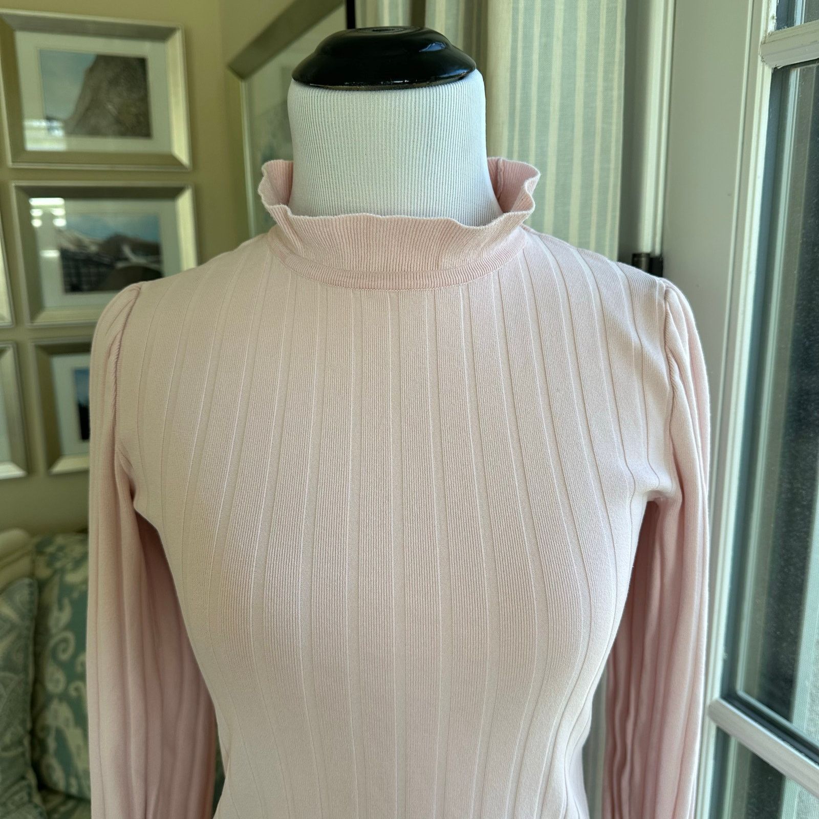 Max Mara Max Mara Zoraide Ruffle Pink Mock Neck Rib Sweater Size S Size S / US 4 / IT 40 - 8 Thumbnail