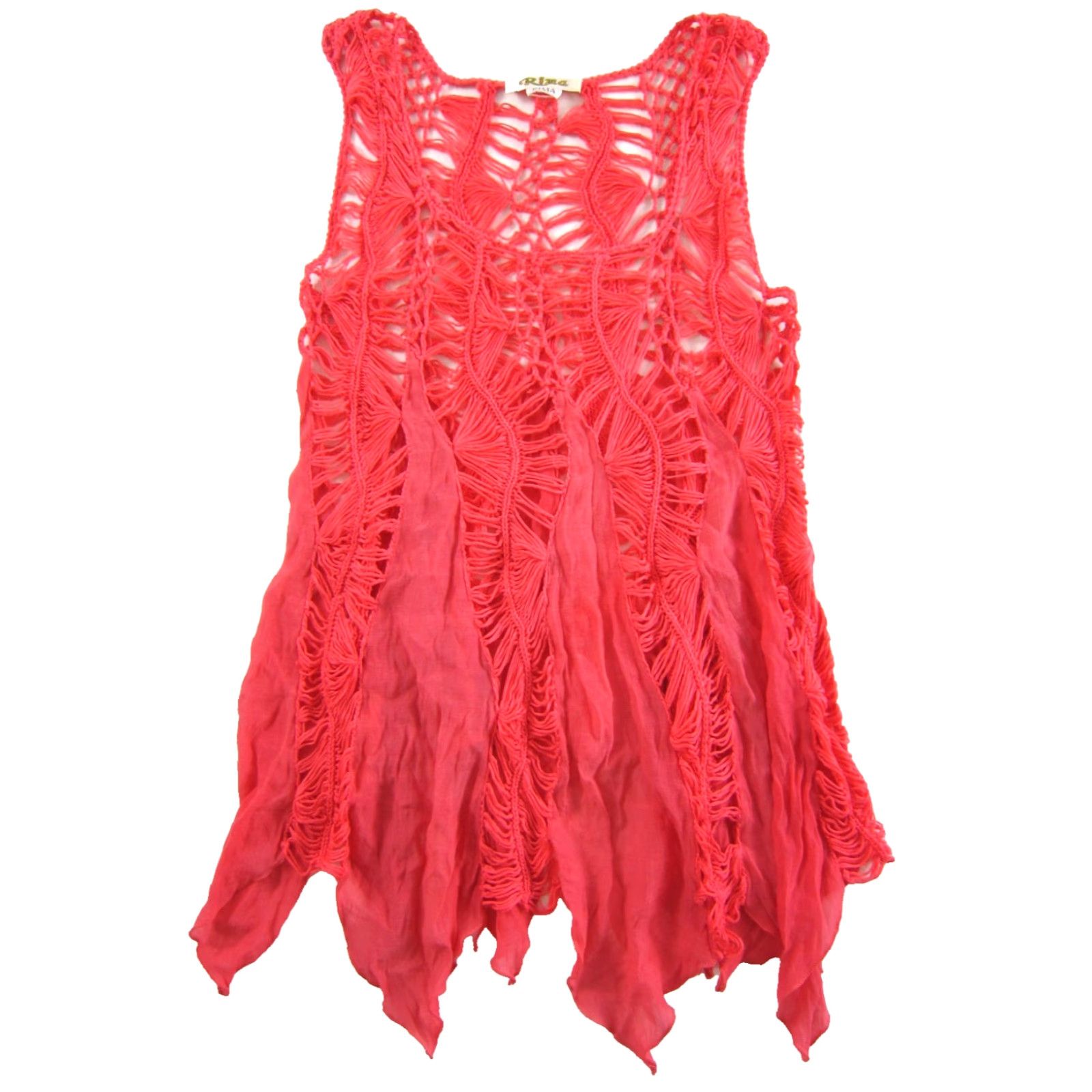Erima RIMA Neon Coral Pink Rayon Crochet Sleeveless Tank Blouse M-L - Women Shirt Size M / US 6-8 / IT 42-44 - 2 Thumbnail
