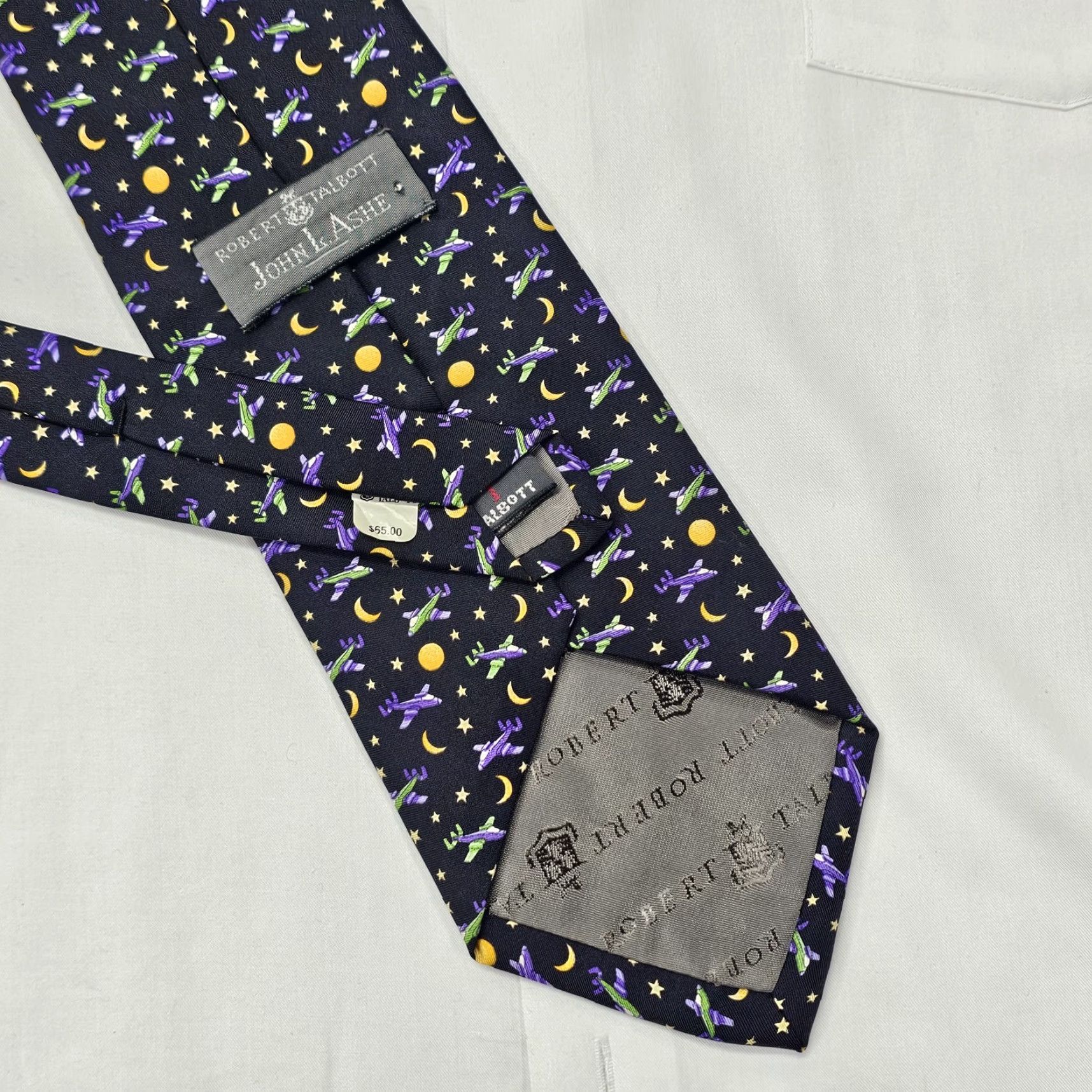 Robert Talbott Robert Talbott Silk Necktie Men's Airplane Black Purple Green Gold Moon Stars 58" X 4" Multicolor Night Sky Abstract Aerospace Designer Tie Mens Size ONE SIZE - 5 Thumbnail