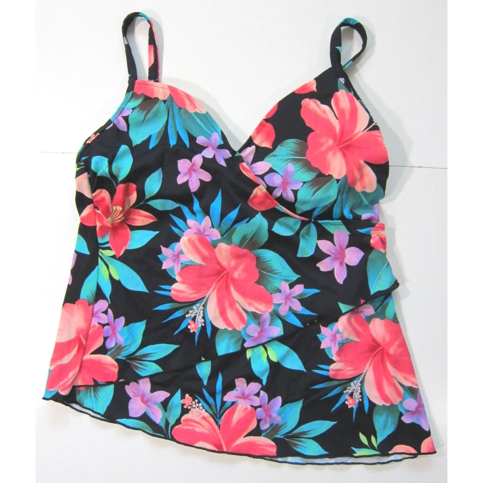 Pinko Jamaica Bay Black Green Pink Floral Hawaiian Built In Bra Tankini Swim Top 10 Size L / US 10 / IT 46 - 2 Thumbnail