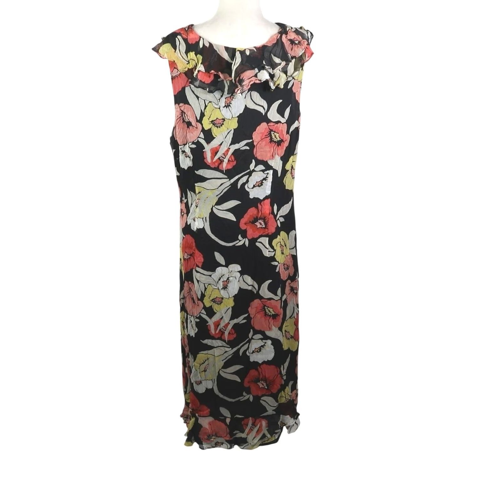 Alfani VINTAGE Alfani Black Floral Silk Midi Dress Ruffle Trim 16W Size XXL / US 16-18 / IT 52-54 - 4 Thumbnail
