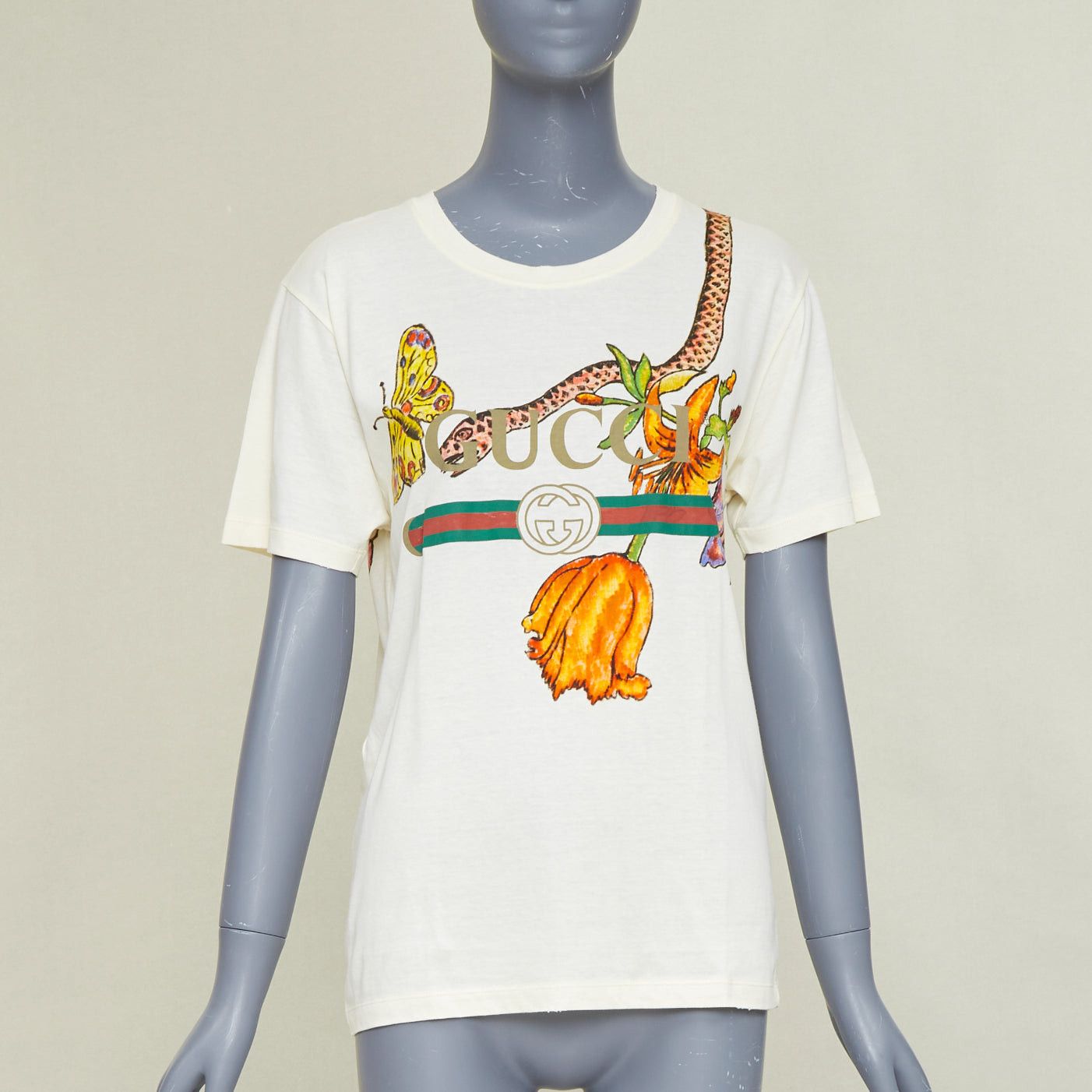 Gucci GUCCI Floral Snake Vintage Logo print off-white distressed crew neck tshirt XXS Size XS / US 0-2 / IT 36-38 - 1 Thumbnail