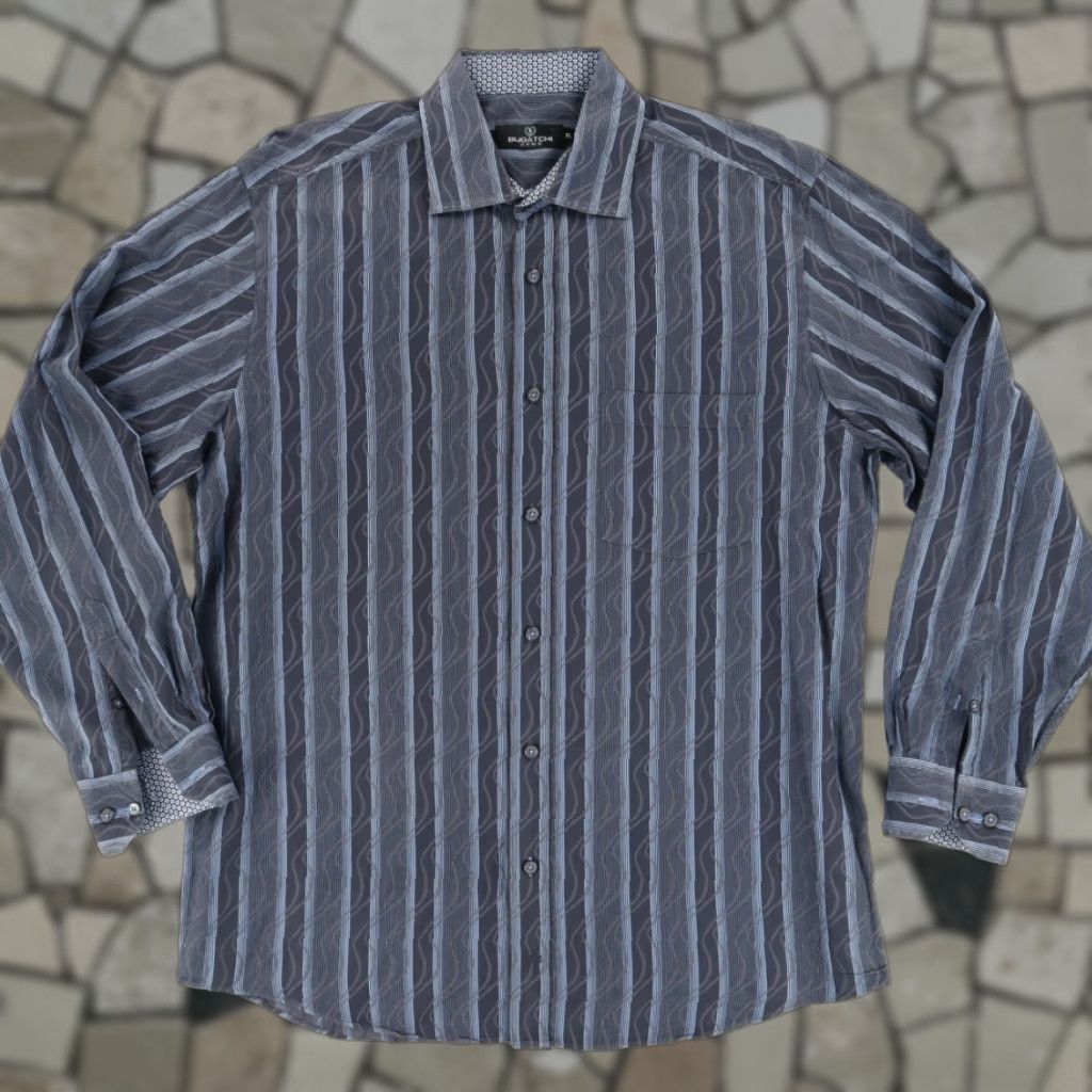 BUGATCHI Bugatchi Uomo Spiral Twill Cotton Striped Button Up Shirt Gray Men's XL Size US XL / EU 56 / 4 - 1 Thumbnail