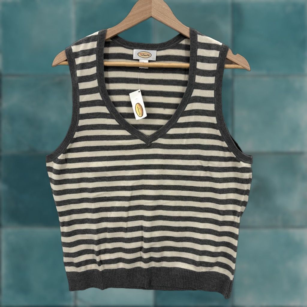 Talbots Talbots Sweater Vest Womens L Gray Stripe V-Neck 100% Cotton Knit Casual NWT Size L / US 10 / IT 46 - 1 Thumbnail