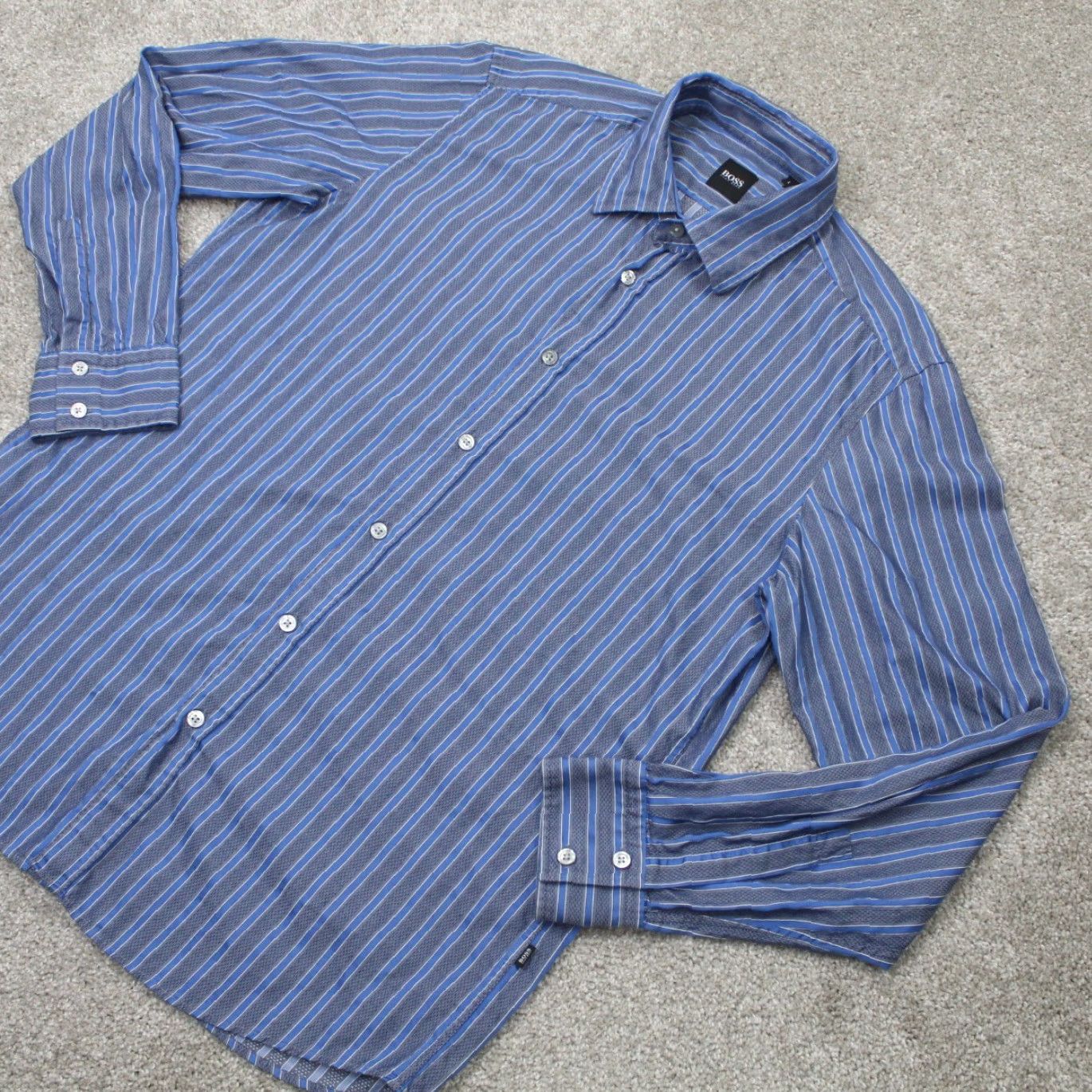 Hugo Boss HUGO BOSS Shirt Mens Large Striped Blue/Gray Cotton L/S Button-Up Lex Size US L / EU 52-54 / 3 - 3 Thumbnail