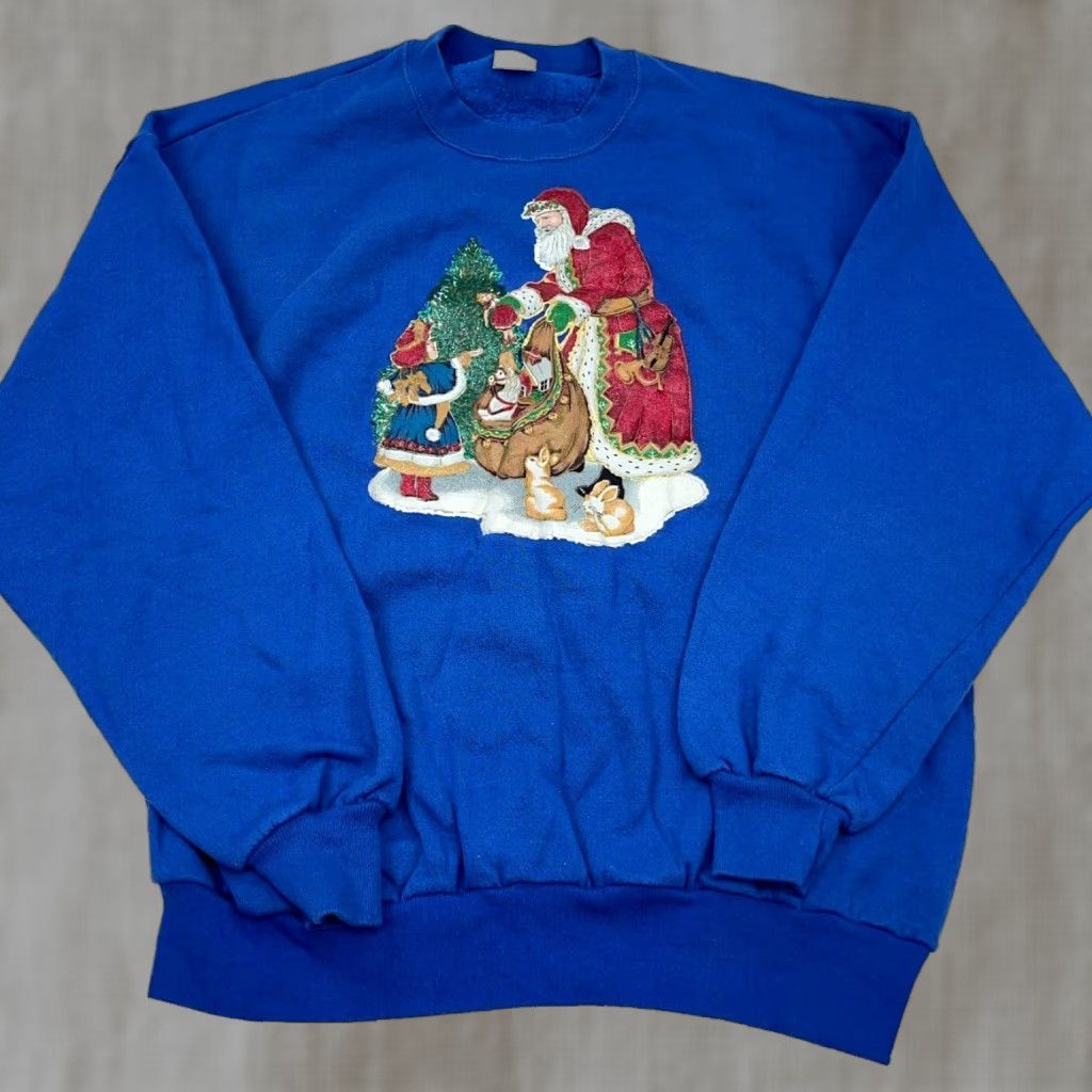 Tultex VINTAGE Christmas Sweater Women XL Blue Crew Neck Sweatshirt USA 90s Santa Claus Size XL / US 12-14 / IT 48-50 - 1 Thumbnail