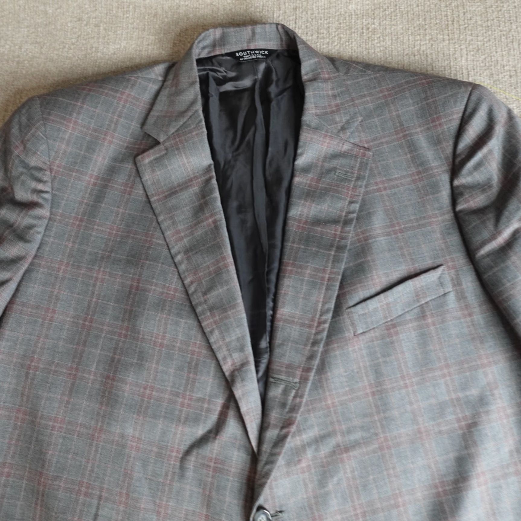 Southwick Southwick Mens Blazer 48R Gray Plaid Wool USA Notch Lapel Single-Breasted 2-Button Slim Regular Jacket Front Flat Front Size 48R - 2 Thumbnail