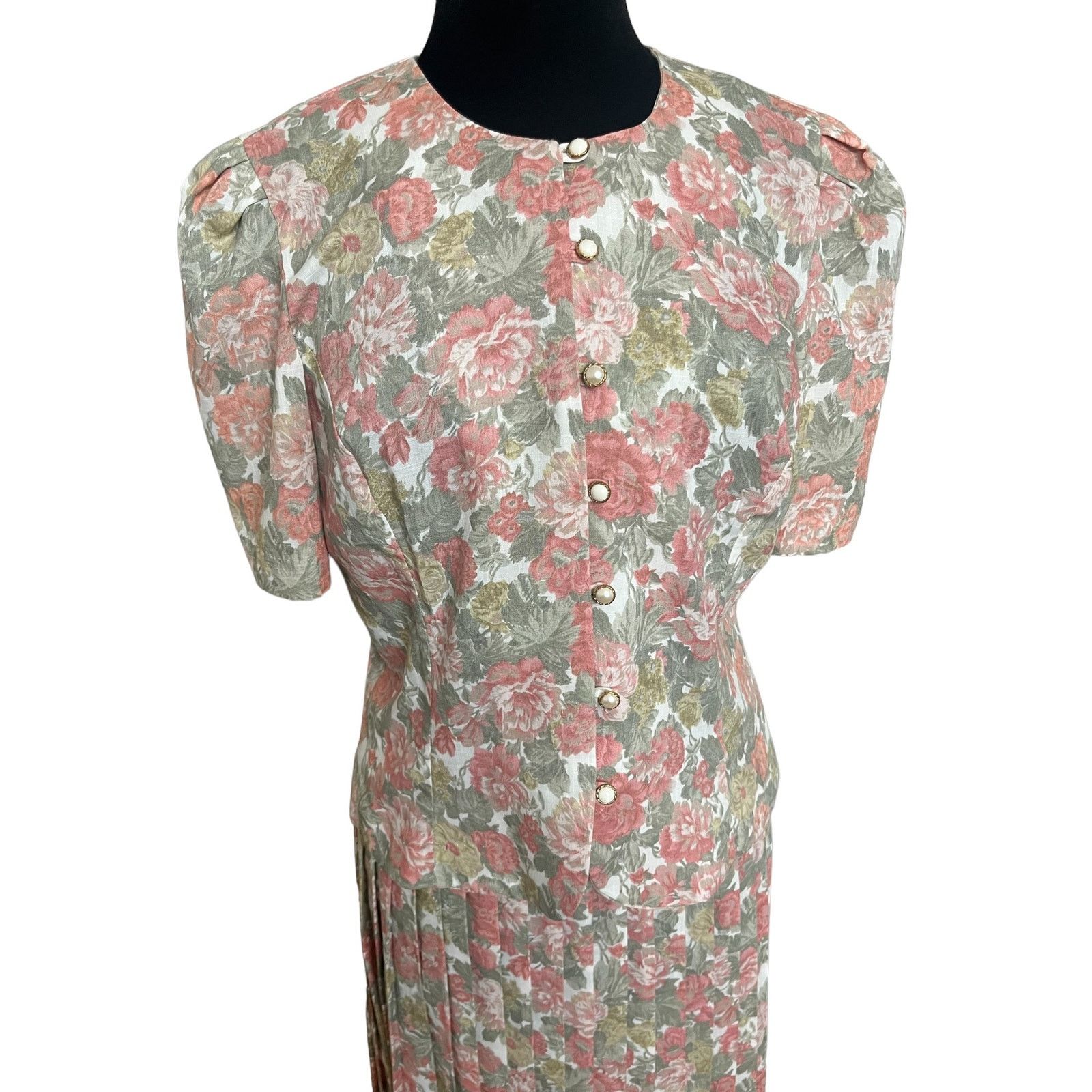 Vintage Vintage 80s Pink White Floral Pleated Top Skirt Set 14 Large Size 36" / US 14 / IT 50 - 4 Thumbnail