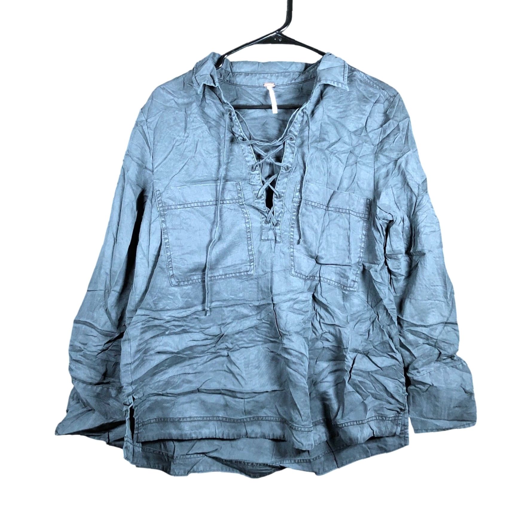 Free People Free People Blouse Women Black Under Your Spell V Neck Lace Up Medium Shirt Size M / US 6-8 / IT 42-44 - 2 Thumbnail