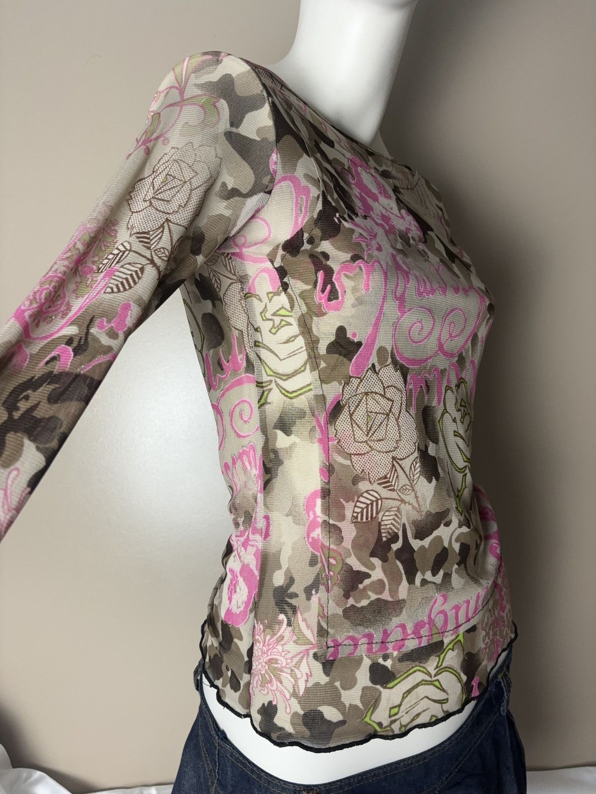Japanese Brand × Vintage Printed camo mesh long sleeve glamour vintage top Size S / US 4 / IT 40 - 3 Thumbnail