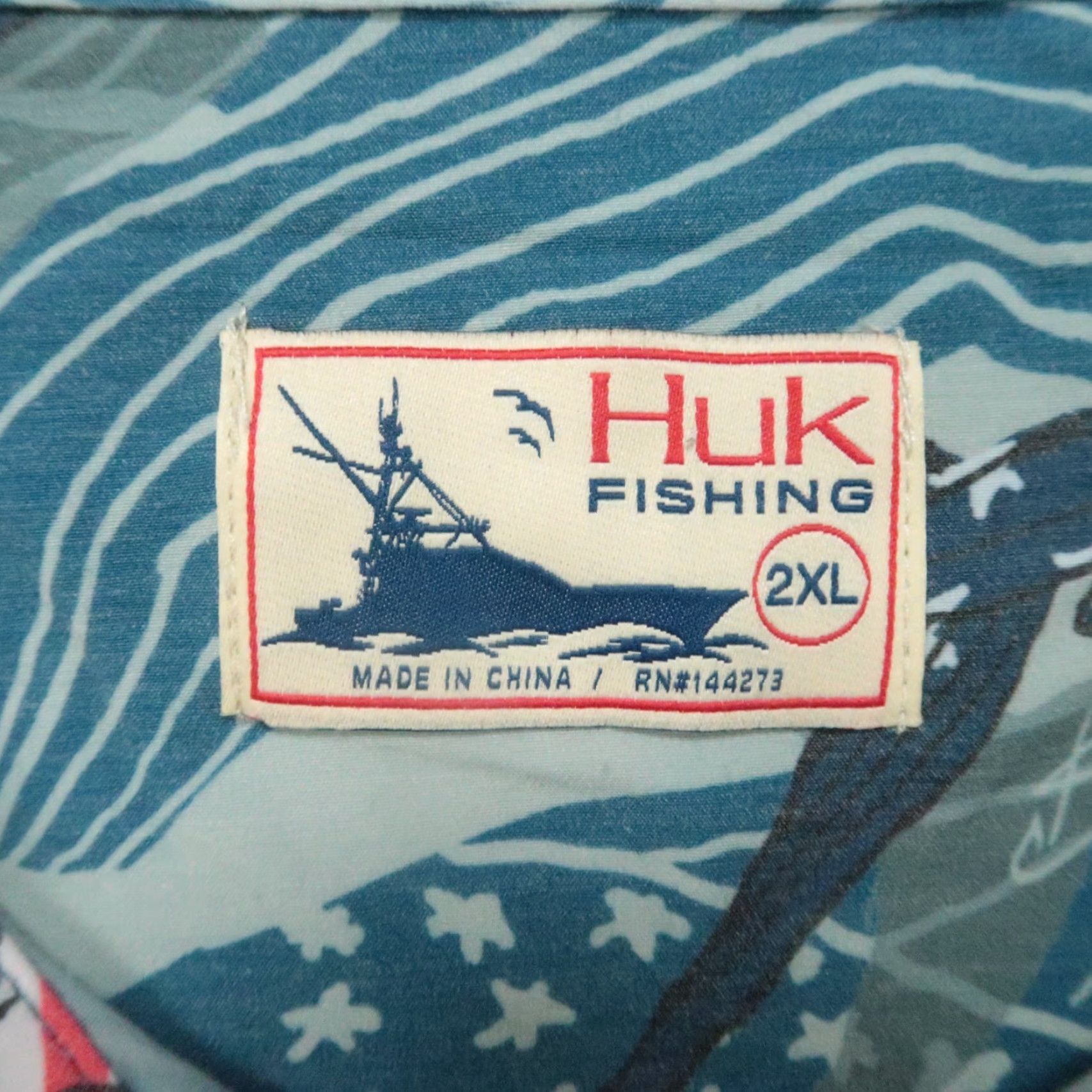 Vintage Huk Shirt Blue Gray American Flag Swordfish Short Sleeve Button Fishing 2XL Size US S / EU 44-46 / 1 - 3 Thumbnail