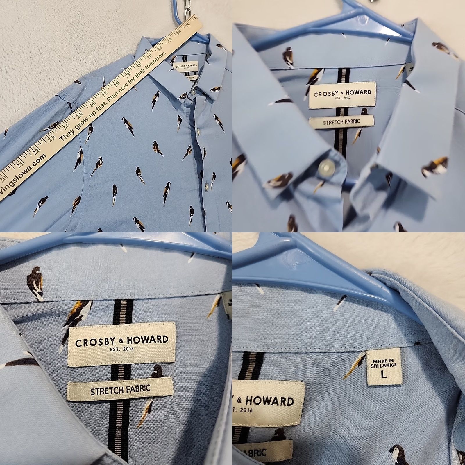 Vintage Crosby & Howard Stretch Light Blue Mens L Button-Down Shirt Bird Parrot Dress LS Slim Cotton Woven Casual Wear Size 42R - 8 Thumbnail