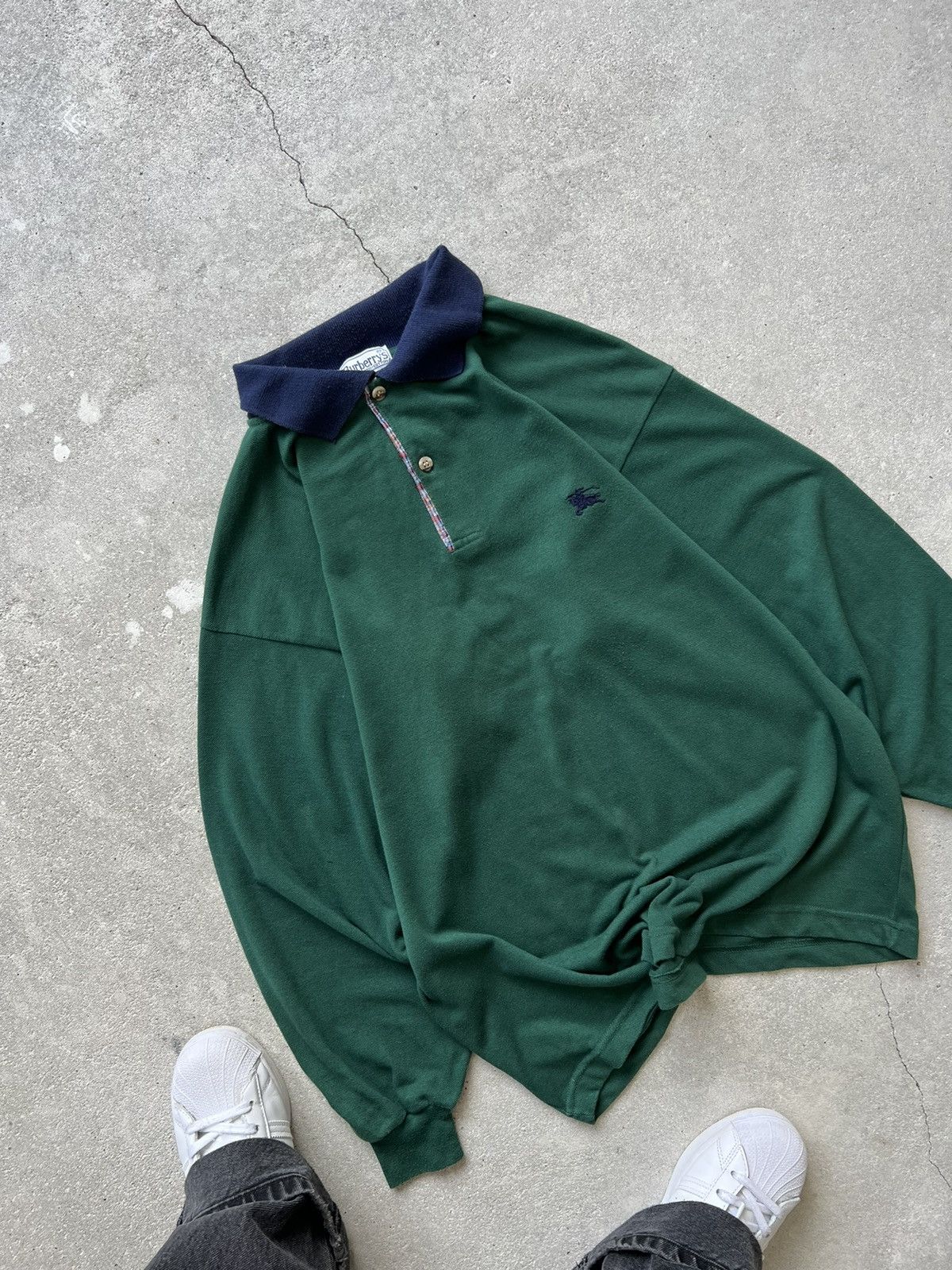 image of Burberry Longsleeve Polo in Green, Men's (Size Medium)