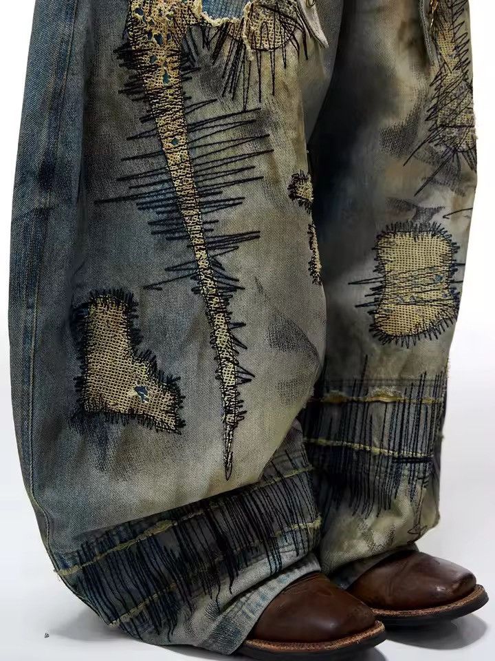 Jean Patchwork Streetwear Washed Embroidery Printed Dirty Jeans Size US 30 / EU 46 - 5 Thumbnail
