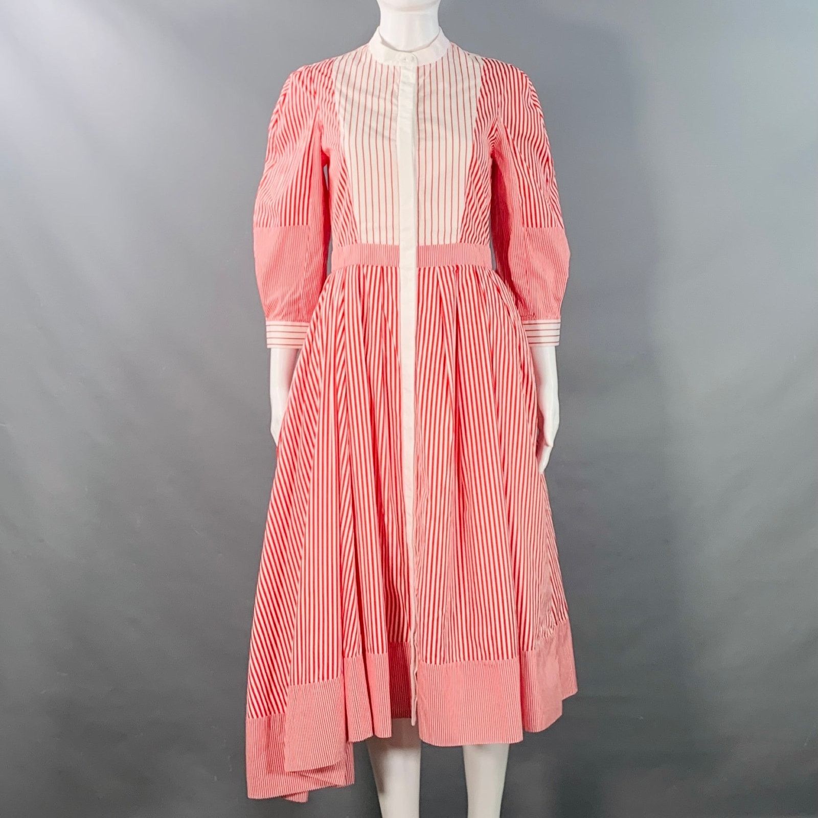 Alexander McQueen Red White Cotton Stripe Collarless Asymmetrical A-Line Dress Size XS / US 0-2 / IT 36-38 - 1 Thumbnail