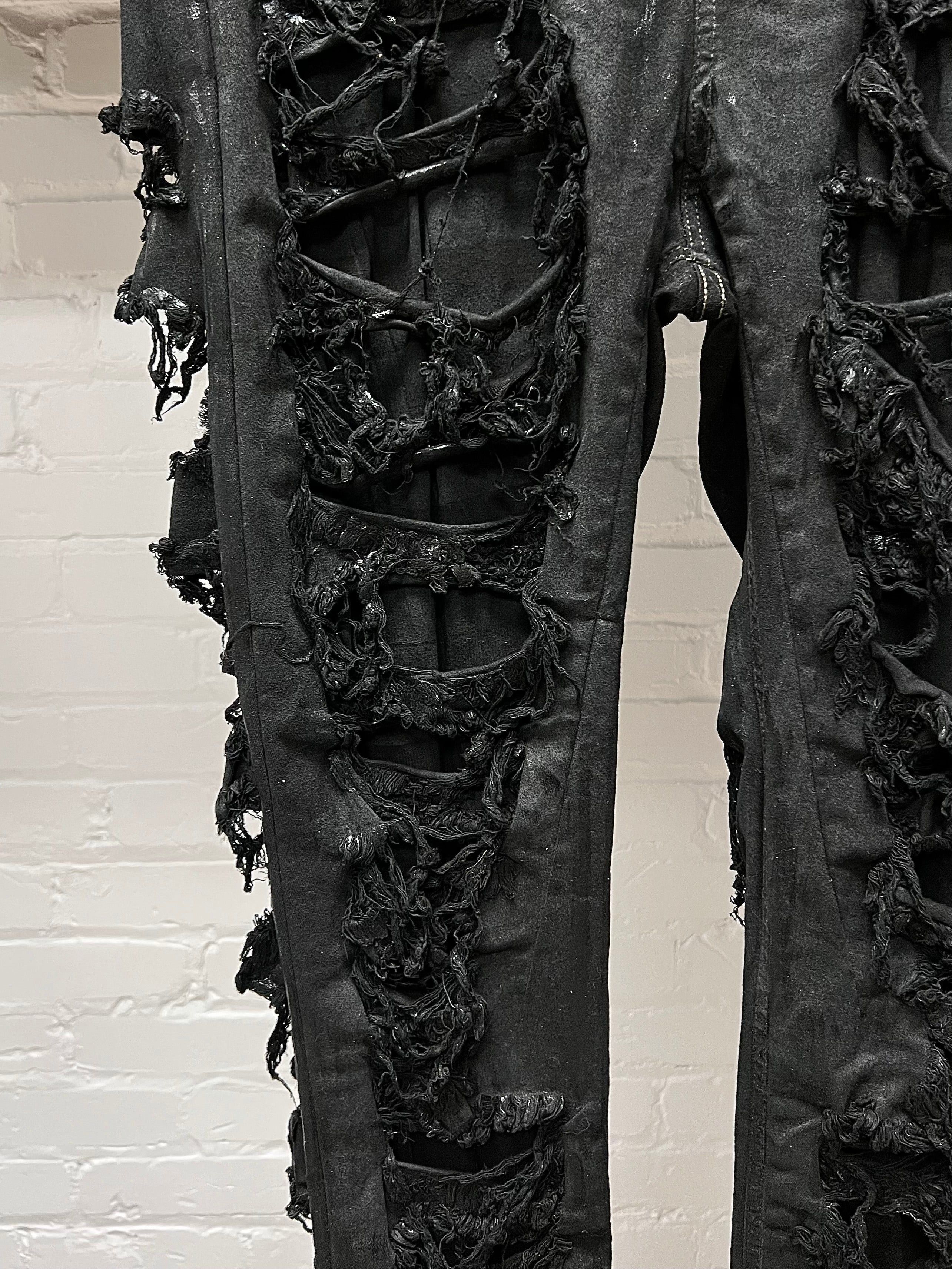 Rick Owens Rick Owens DRKSHDW ‘Detroit Cut’ Waxed Black Slashed Distressed Denim Size US 34 / EU 50 - 2 Thumbnail
