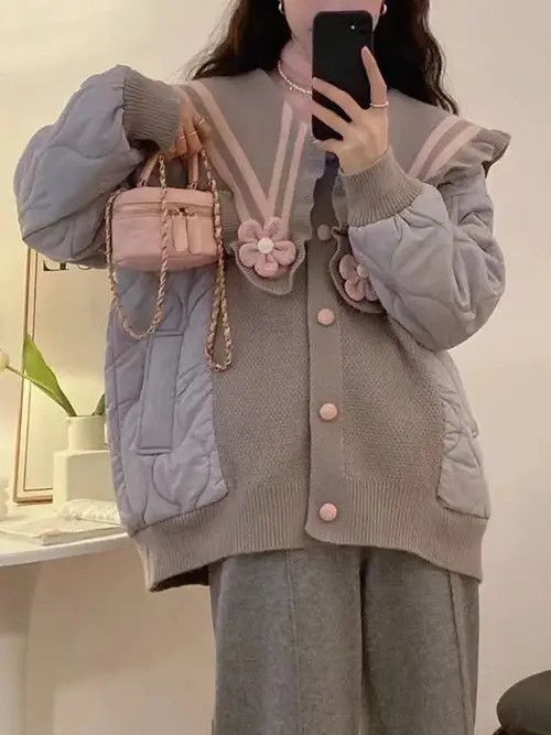image of Vintage Winter Warm Parkas Women Korean Fashion Knitted Spliced in Grey