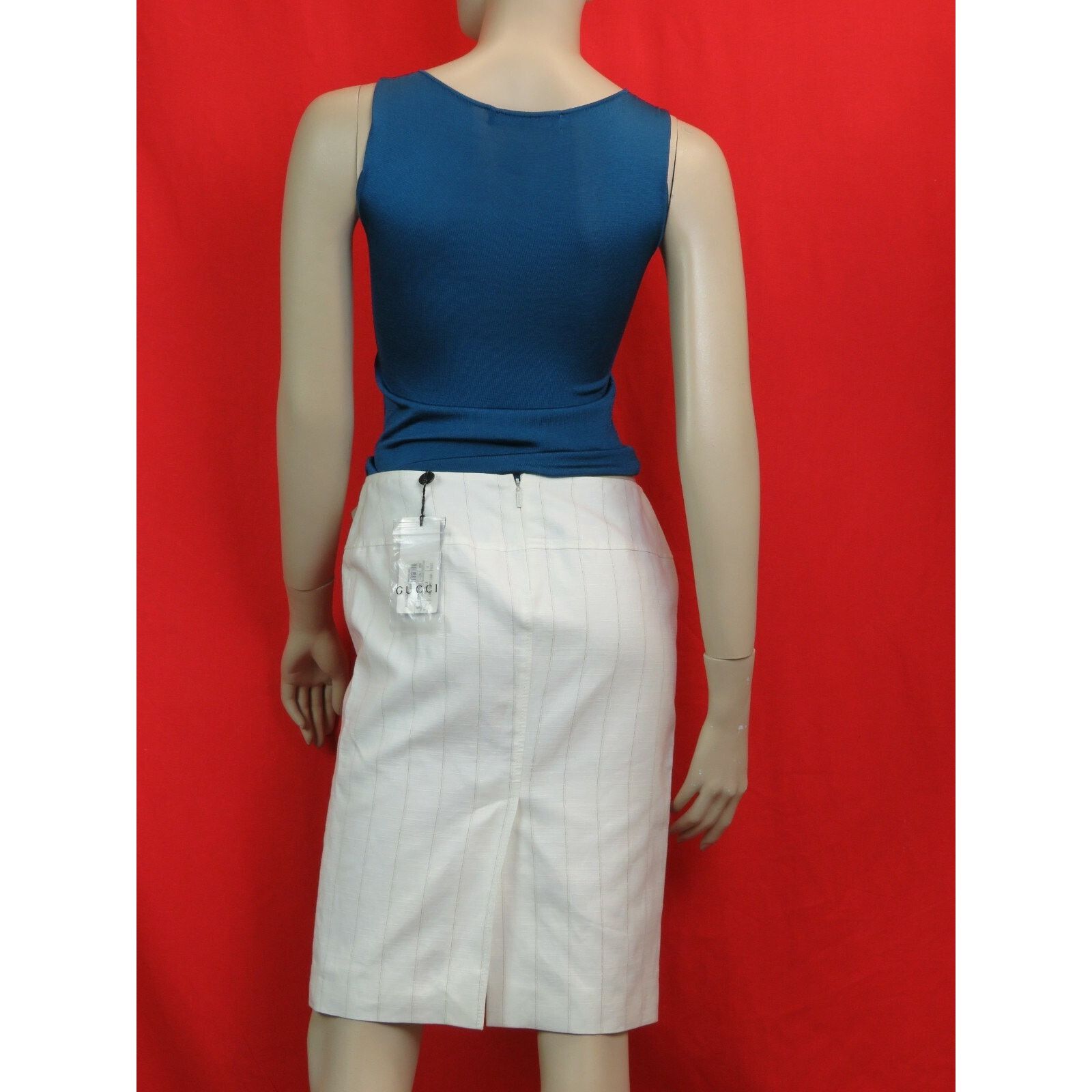 Gucci GUCCI 1702 WHITE LINEN STRIPE BELTED BUCKLE SKIRT 46 $695 IT Size 32" / US 10 / IT 46 - 8 Thumbnail