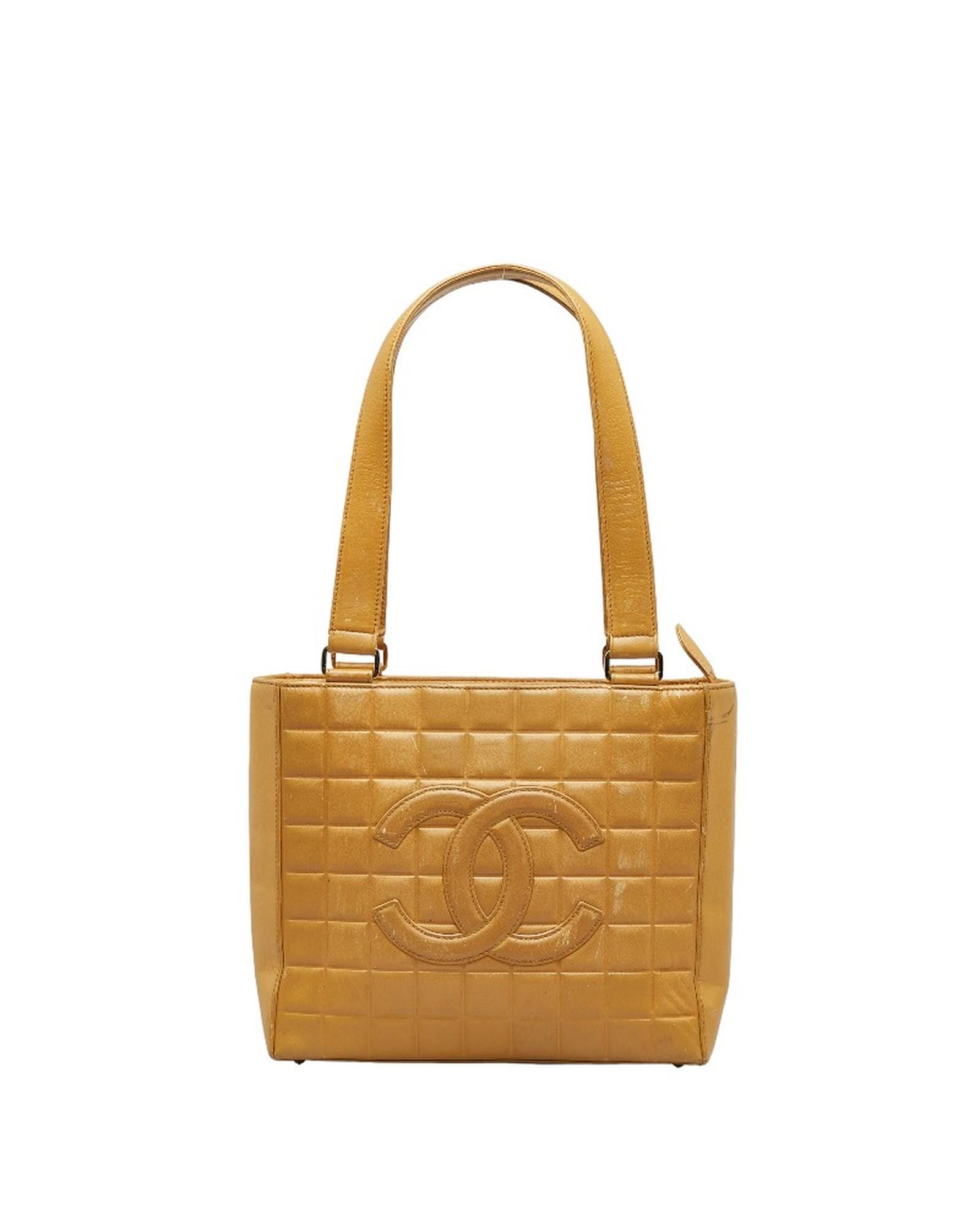 image of Chanel Leather Tote Bag With Cc Logo Detail in Brown, Women's