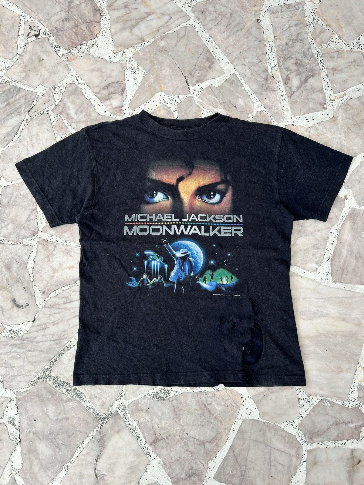 image of Band Tees Michael Jackson Moonwalker Distress in Black, Men's (Size Medium)