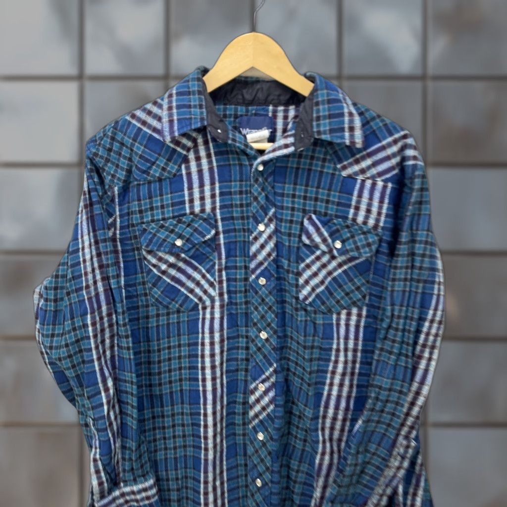 Wrangler VINTAGE Wrangler Plaid Shirt XLT Long Sleeve Snap Button-Up Flannel Mens 90s Blue Size US XL / EU 56 / 4 - 1 Thumbnail