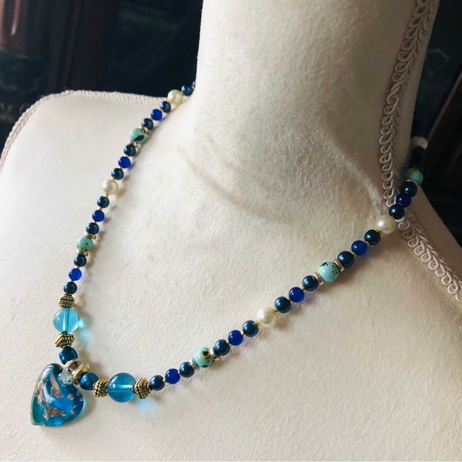 Handmade Handcrafted repurpose dichroic heart lazurite necklace Size ONE SIZE - 3 Thumbnail