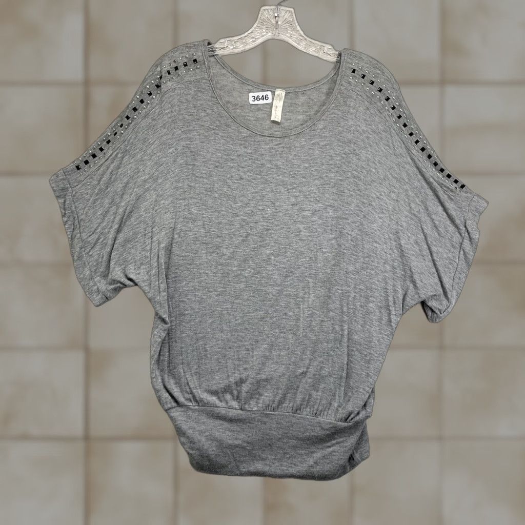 Vintage La Miel Blouse Gray Studded Sleeve Women’s Large Regular Nylon? No, reneed. Size L / US 10 / IT 46 - 1 Thumbnail