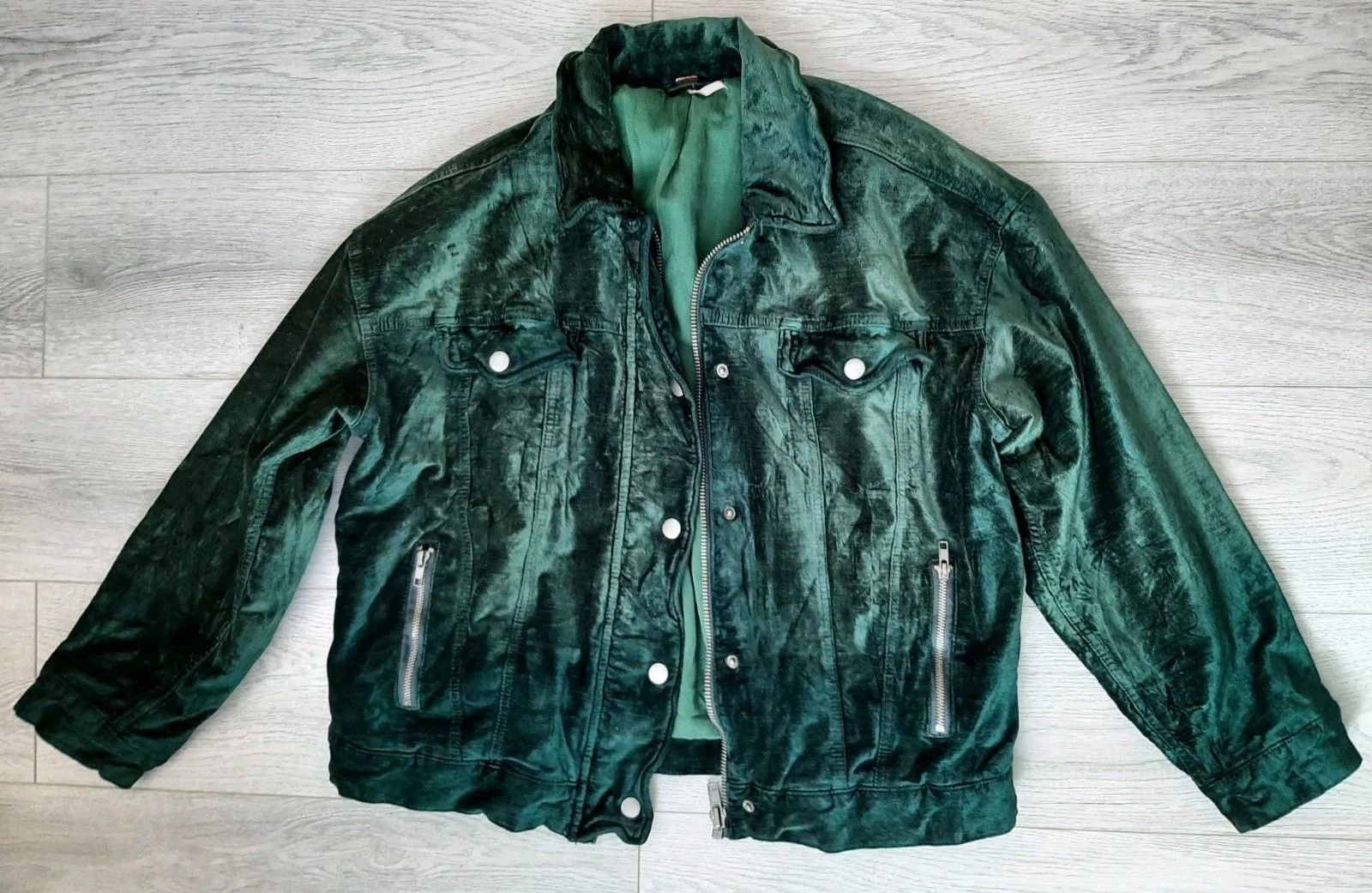 Free People Free People Jacket Green Velvet Trucker Full Zip Oversized Size XS / US 0-2 / IT 36-38 - 18 Thumbnail