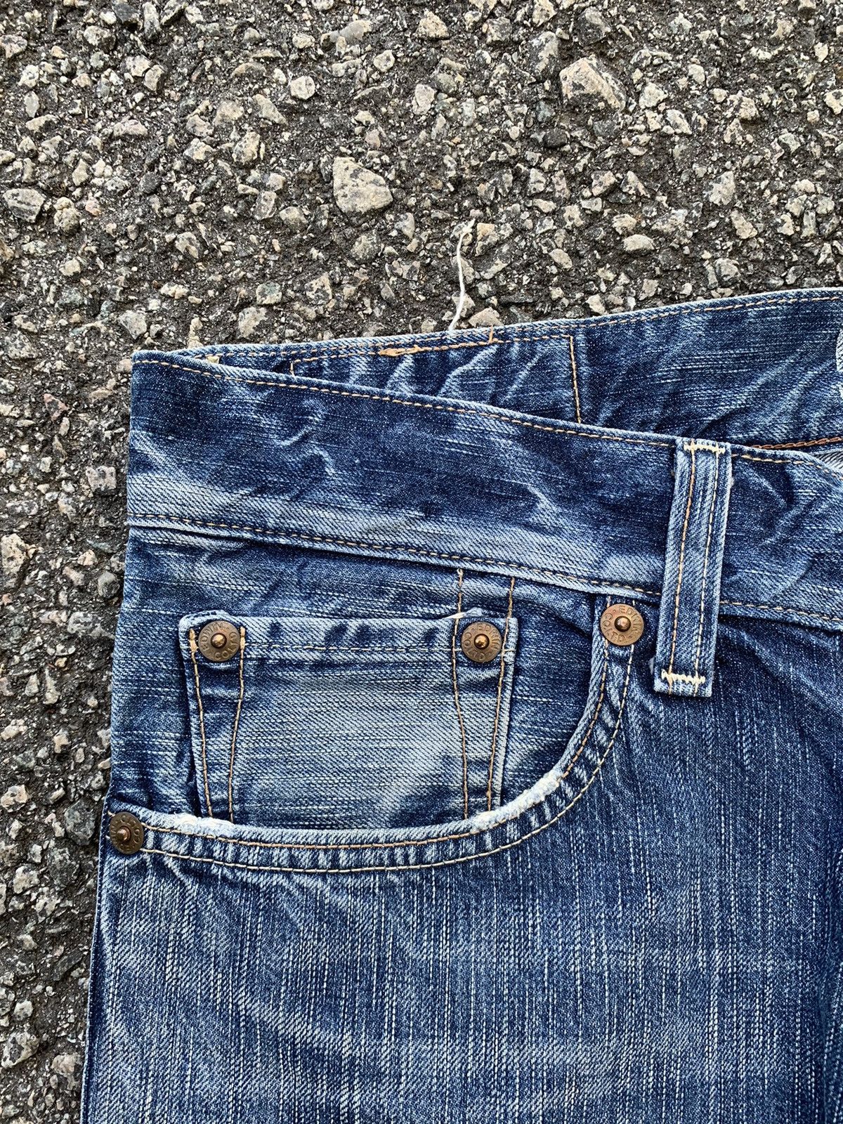 Japanese Brand FLARE💥EDWIN 503 FADED & RUSTY DISTRESSED DENIM Size US 35 - 12 Thumbnail