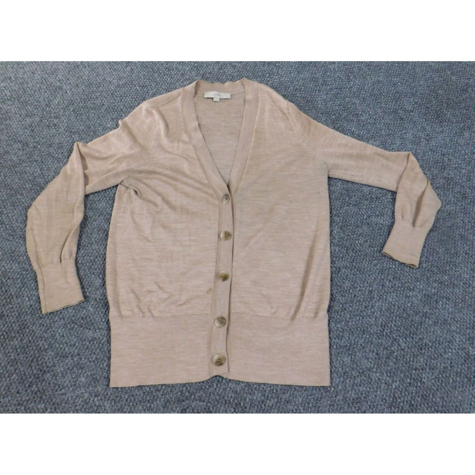 Loft LOFT Cardigan Sweater Womens L Beige Knit Rib Button V-Neck Stretch Casual Modern Designer Fall Winter Spring Size L / US 10 / IT 46 - 3 Thumbnail