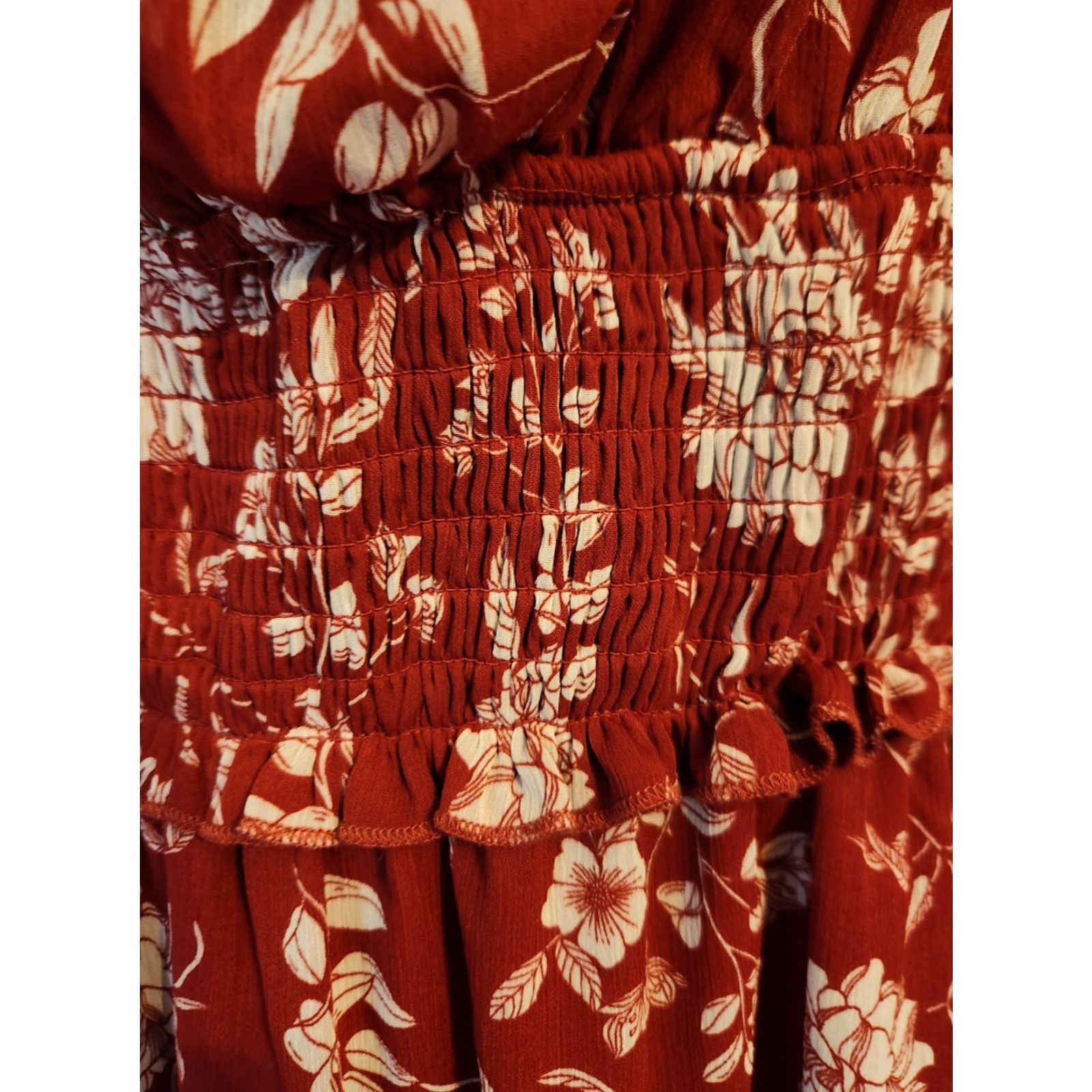 Vintage Trixxi Red Floral Smocked Waist A-Line Mini Dress Hippie Boho Sz M Adult Womens Size 32" / US 10 / IT 46 - 3 Thumbnail