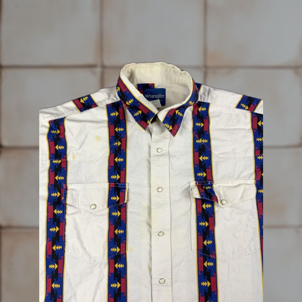 Wrangler VINTAGE Wrangler Shirt Western Aztec Striped Short Sleeve Button-Up Collared Cotton White XL Men’s Size US XL / EU 56 / 4 - 1 Thumbnail