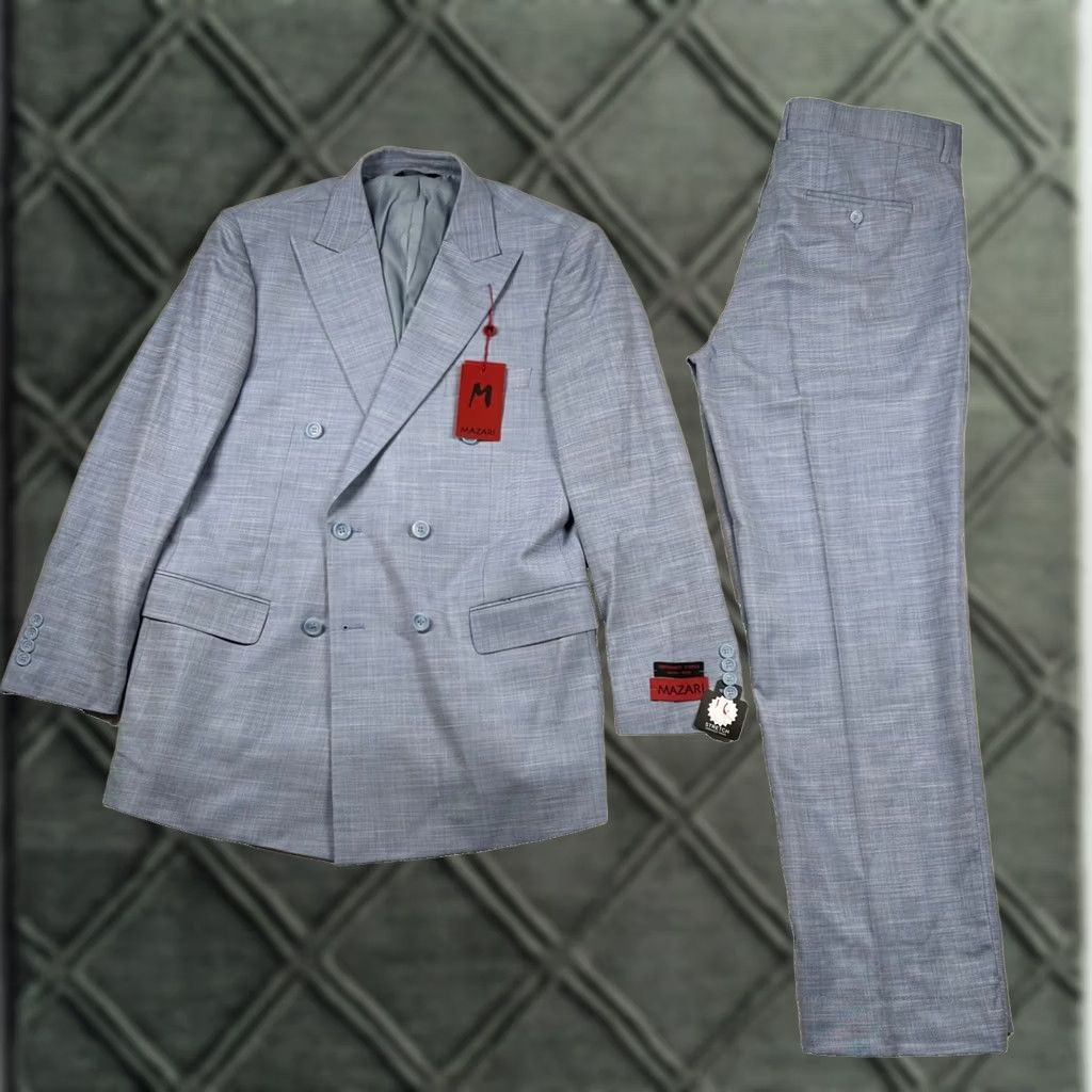 Vintage Mazari Suit Men 42R 36W Peak Lapel Performance Stretch Powder Blue Double Breast 2 Piece Size 42R - 1 Thumbnail