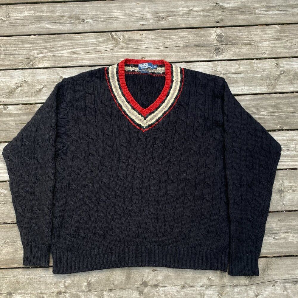 Vintage POLO RALPH LAUREN Wool Sweater Cable Knit V Neck Fa