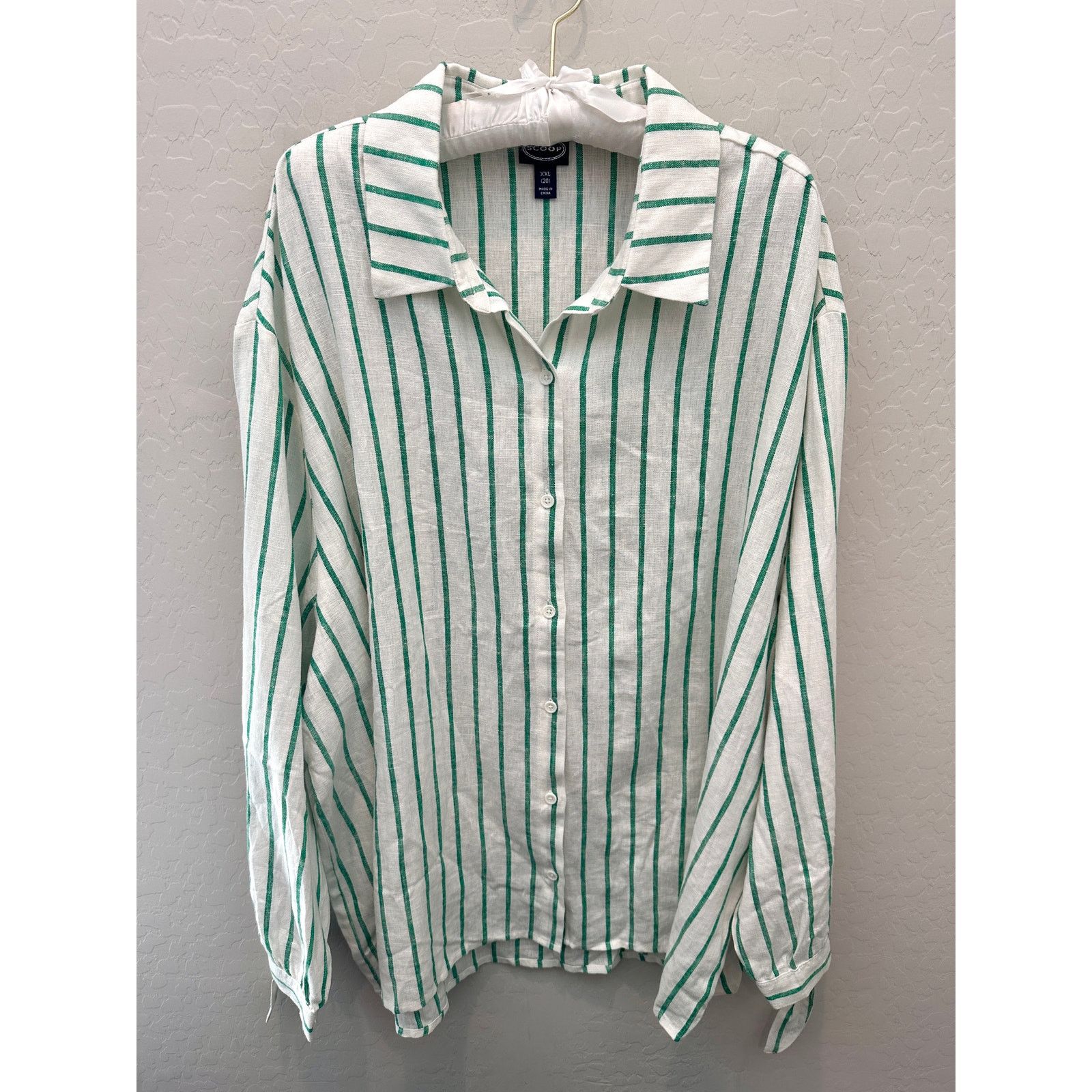SCOOP SCOOP Green White Striped Linen Button Front Plus Size Top Size XXL / US 16-18 / IT 52-54 - 1 Thumbnail