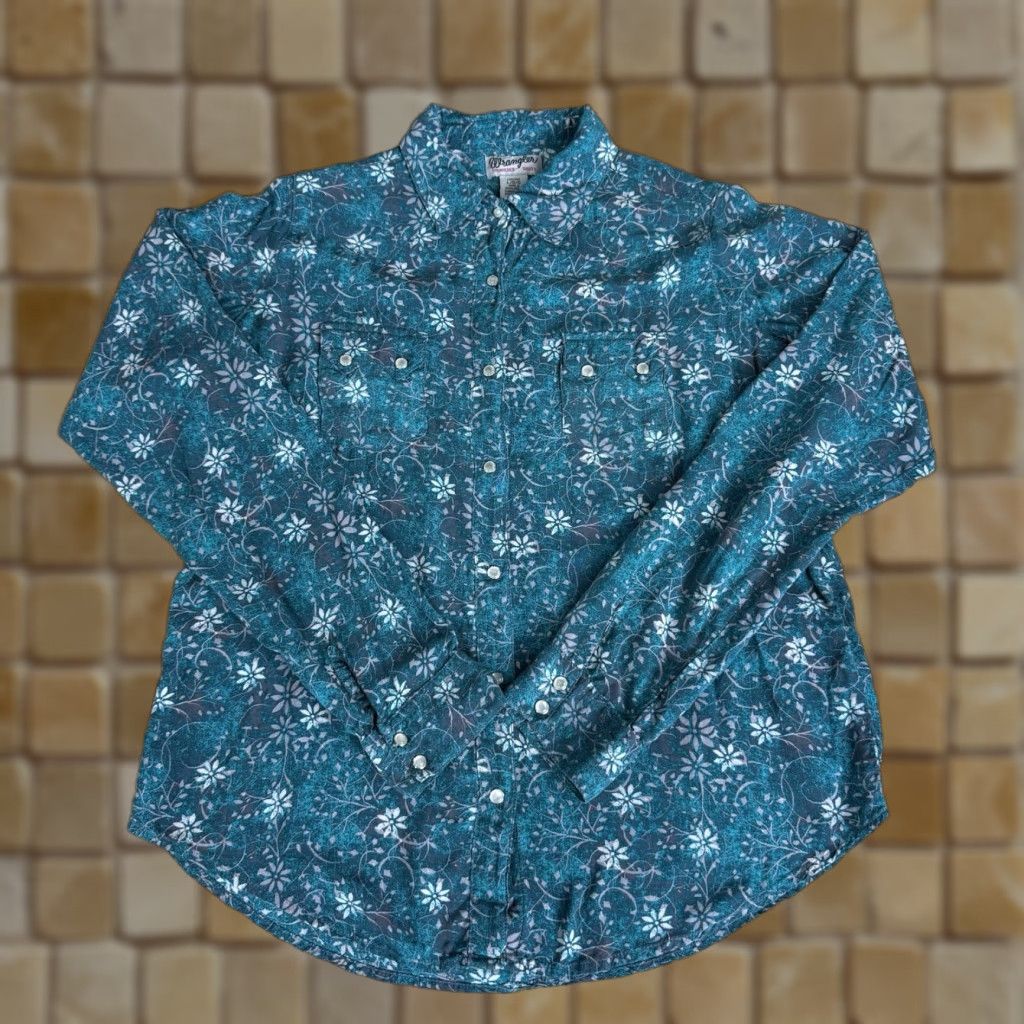 Wrangler WRANGLER Long Sleeve Button-Up Shirt Teal Floral Snap Down Size L Womens Size L / US 10 / IT 46 - 1 Thumbnail