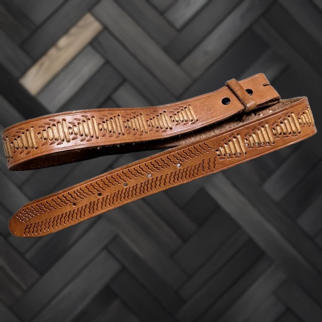 Vintage VINTAGE handcrafted tooled leather Western Belt 38 Mens Brown Weave Hippie 1970s Cowboy Boho Western Belt Mens Size 38 - 1 Thumbnail