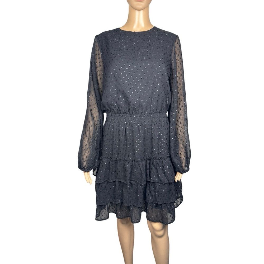 Express Express Clip Dot Long Sleeve Tiered Mini Black Dress Size L Size L / US 10 / IT 46 - 2 Thumbnail