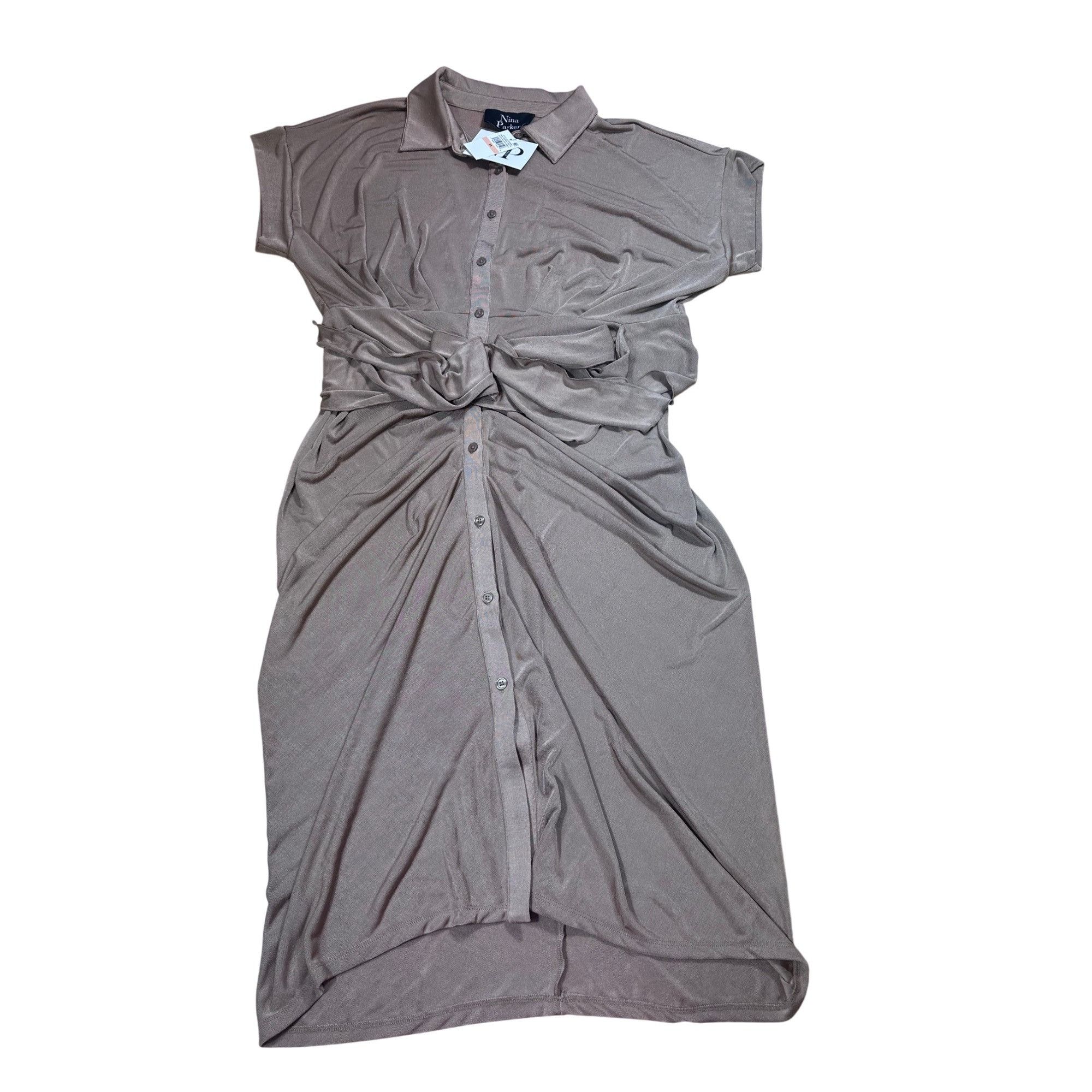 Other Nina Parker Plus Size 2X Trendy Tan Tie-Front Ruched Shirtdr Size XXL / US 16-18 / IT 52-54 - 4 Thumbnail