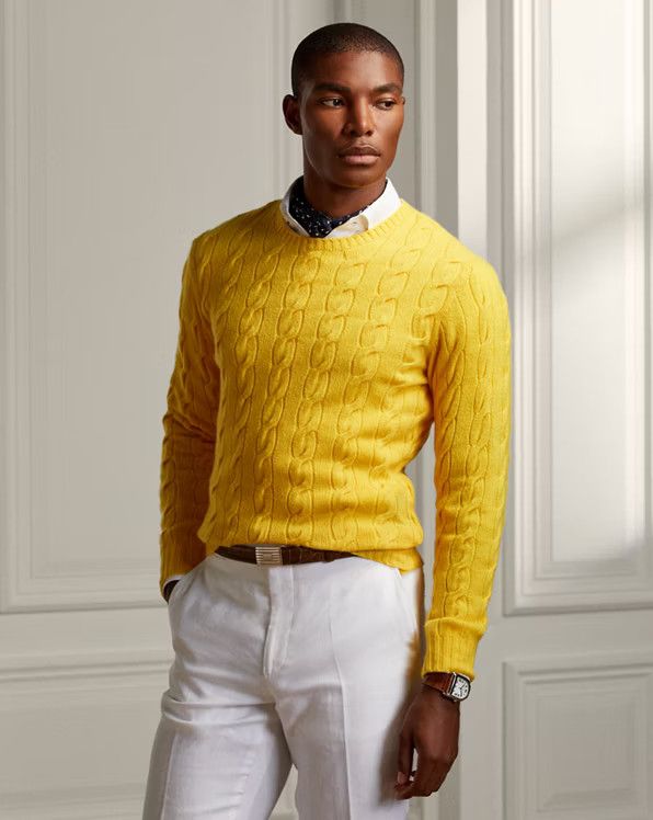 Ralph Lauren Purple Label 1095USD TIMELESS Yellow Cable-Knit Cashmere Sweater Size US L / EU 52-54 / 3 - 3 Thumbnail