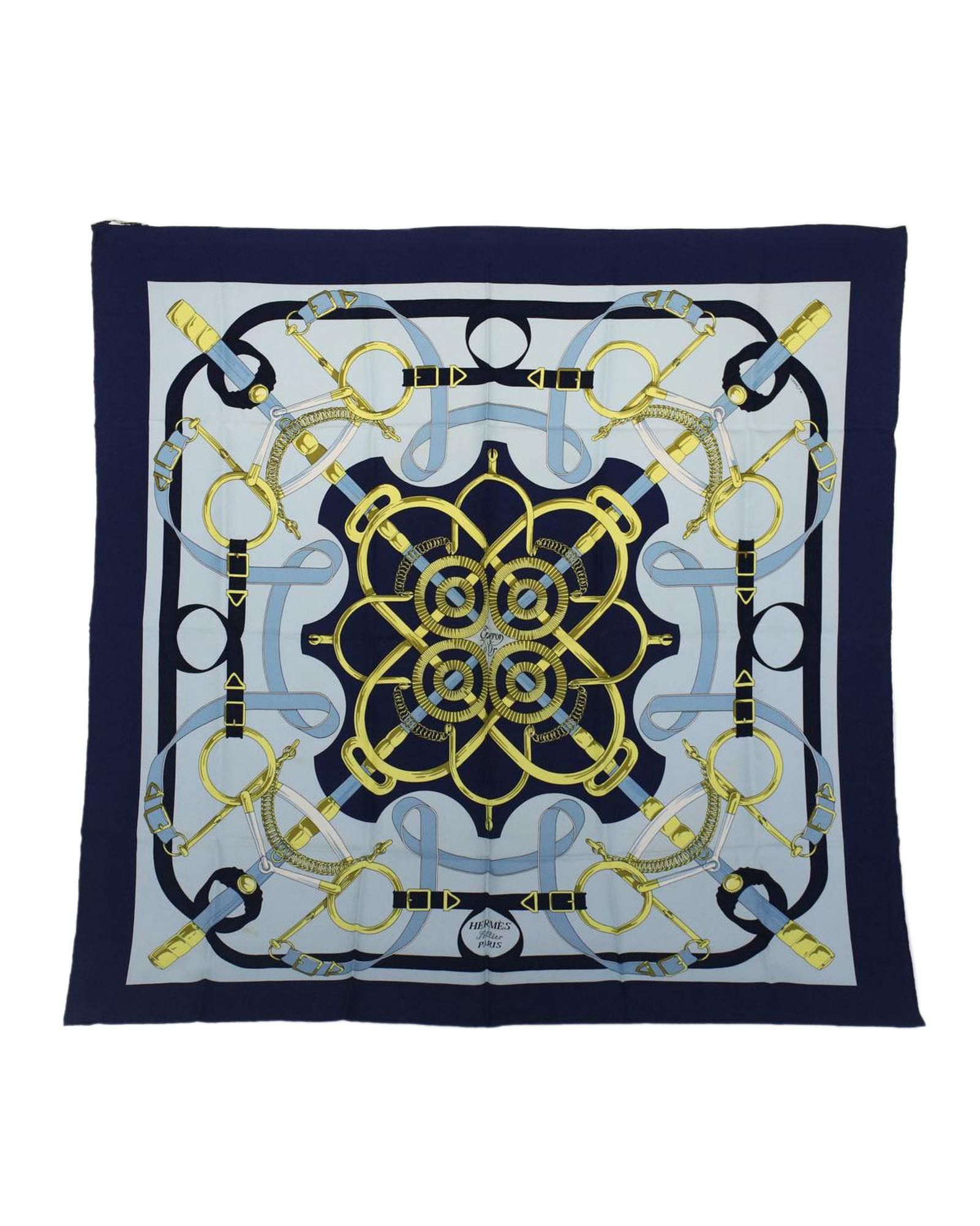 image of Hermes Blue Silk Eperon Dor Tellier Scarf, Women's