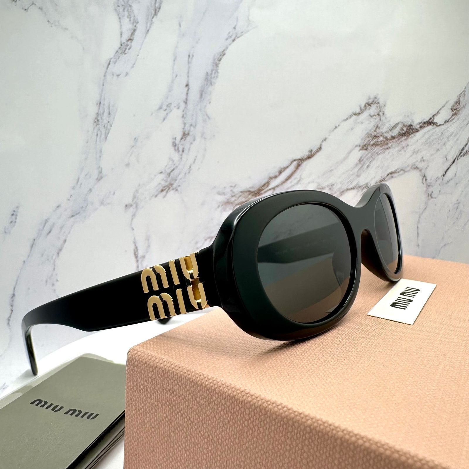 Miu Miu New MIU MIU Sunglasses Black Oval Gold Metal Logo Authentic Size ONE SIZE - 12 Thumbnail